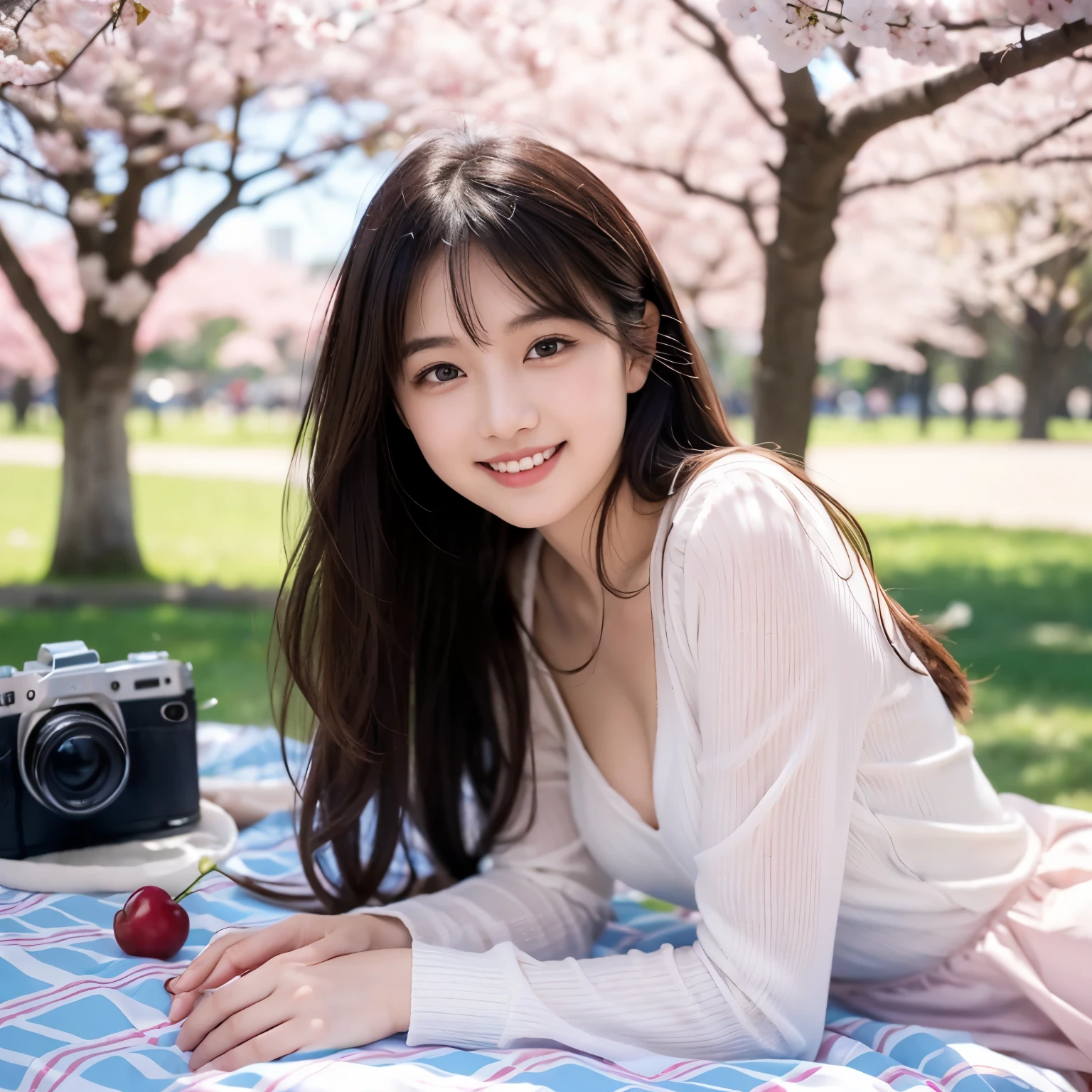 (( dress))、、(sitting on picnic sheet)、Japanese、(idol bending over)、((8k))、(Cherry blossom viewing under a cherry tree)、Sunny Day、 light in the eye 、long hair per person、 black hair、smile、 Long Sleeve、((Full Body))、 Delicate Girl、sophisticated vibe、delicate skin、Realistic teeth、((realistic:1.4))、Camera、(Draw the fingers of a hand accurately)