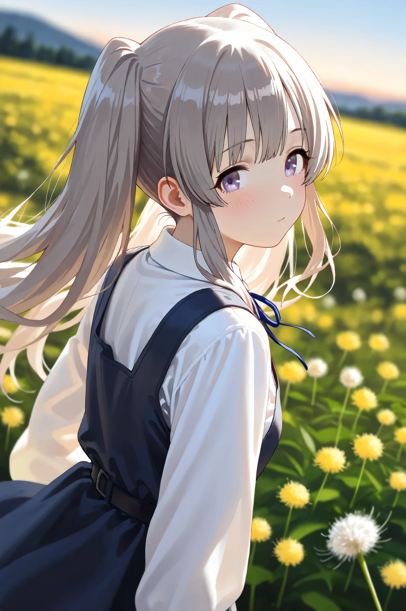 (Masterpiece), (Highest quality), (Very detailed),
(The best shape), (Best Shadow), (Absurd),
(Detailed background), (So beautiful), Shiny ,
Beautiful eyes in every detail, Extraordinary, Countershading, 8k, 32K, High resolution,
Very Detailed CG,
Score_9, Score_8_up, Score_7_up, Source_anime,
(Pastel painting:1.2), (Watercolor painting:1.2),
(Masterpiece, Detailed:1.2), (Foreshortening:1.2),
Cinematic, Dramatic, (Depth of field:1.4),
(Blurry background:1.4), (Realistic background:1.4),
(foreshortening:1.3),
Dynamic angle,
1 girl,
Outdoor, Nature, Flower Field, Wind, (Dawn:1.2),
Dandelion, Dandelion fluff,
Yukoku Kirino,
the idolmaster shiny colors,
yukoku kiriko, Twin tails,
school uniform,
white shirt, collar shirt, slateblue ribbon, Long sleeves shirt,
One-piece dress, slateblue one-piece dress, belt,
portrait, close up shot, squat, look back,
(Blush:1.3),
Realistic skin,
Shiny skin,
Focus on face,