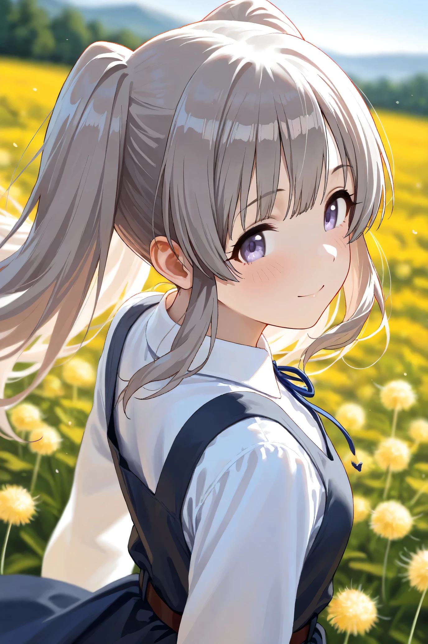 (Masterpiece), (Highest quality), (Very detailed),
(The best shape), (Best Shadow), (Absurd),
(Detailed background), (So beautiful), Shiny ,
Beautiful eyes in every detail, Extraordinary, Countershading, 8k, 32K, High resolution,
Very Detailed CG,
Score_9, Score_8_up, Score_7_up, Source_anime,
(Pastel painting:1.2), (Watercolor painting:1.2),
(Masterpiece, Detailed:1.2), (Foreshortening:1.2),
Cinematic, Dramatic, (Depth of field:1.4),
(Blurry background:1.4), (Realistic background:1.4),
(foreshortening:1.3),
Dynamic angle,
1 girl,
Outdoor, Nature, Flower Field, Wind, (Dawn:1.2),
Dandelion, Dandelion fluff,
Yukoku Kirino,
the idolmaster shiny colors,
yukoku kiriko, Twin tails,
school uniform,
white shirt, collar shirt, slateblue ribbon, Long sleeves shirt,
One-piece dress, slateblue one-piece dress, belt,
portrait, close up shot, squat, look back,
(Blush:1.3),
smile, happy,
Realistic skin,
Shiny skin,
Focus on face,