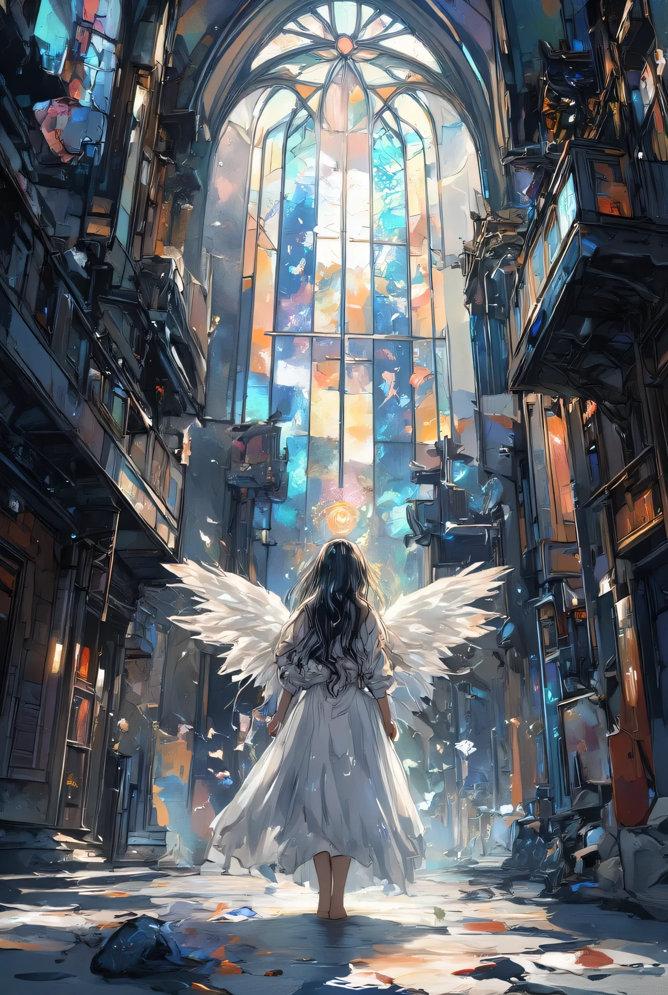 masterpiece, 4k illustration,Inside a majestic church with towering ceilings, a long-haired angel gracefully descends from above. The atmosphere is filled with drama and awe as radiant light streams in through intricate stained glass windows, casting vivid patterns of color across the stone walls. The angel’s flowing hair catches the light, giving her an ethereal glow, while her wings shimmer softly. The scene is bathed in a soft, indirect light, creating a sense of reverence and divine presence. The stained glass adds a burst of vibrant colors to the otherwise solemn, grand interior, emphasizing the sacredness of the moment."