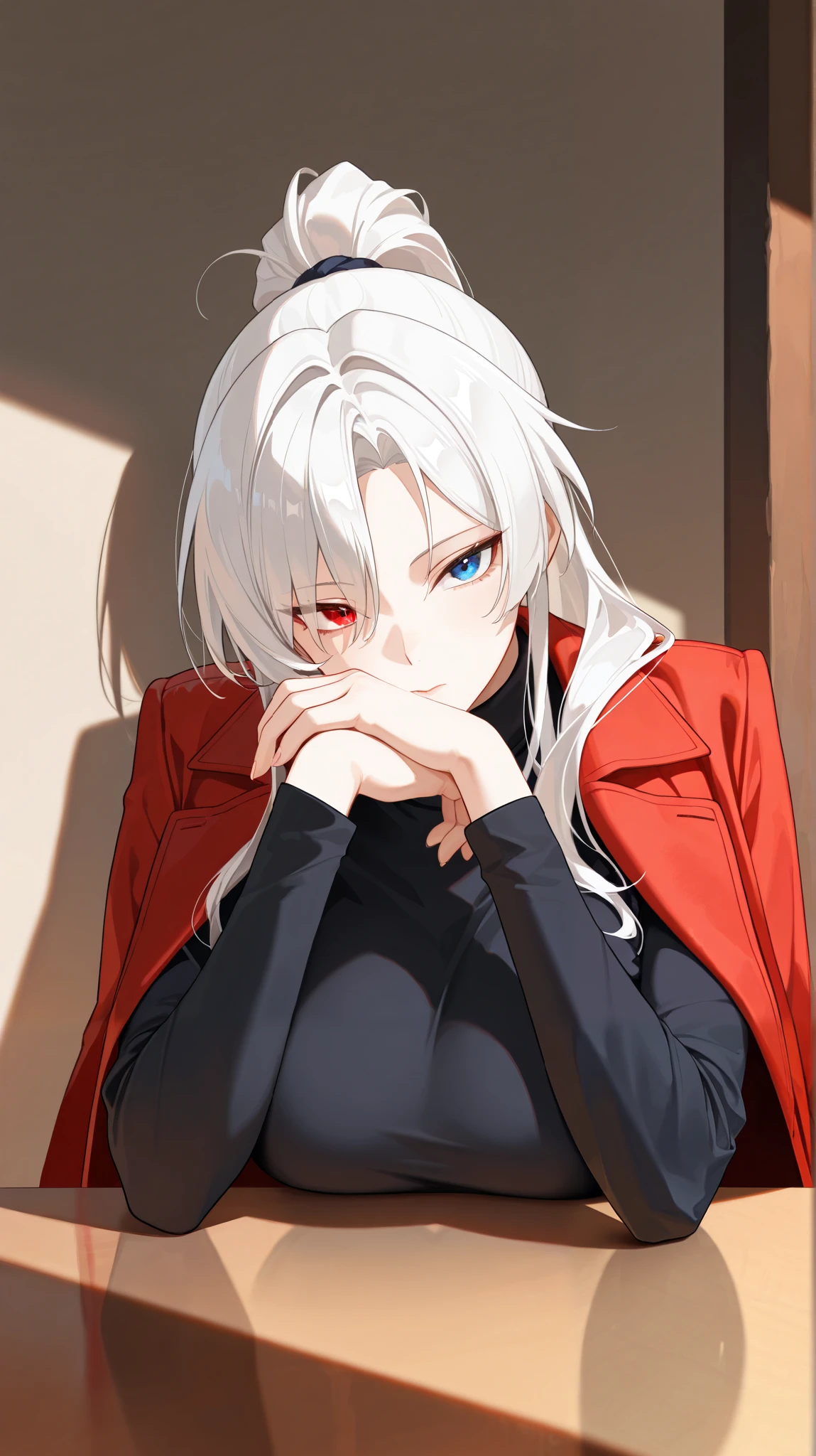 best quality, masterpiece, absurdres, 1girl, solo, heterochromia, red_eye, blue_eye, white_hair, long_sleeves, large_breasts, tall, mature_female, long_hair, red_coat, open_coat, black_kimono, hair_over_one_eye, tsurime, turtleneck, formal_clothes, from_side, shadow, Japanese_clothes, dynamic from side angle, ponytail, portrait, head_on_hand, table, hand_on_own_arm, sitting, looking_at_viewer,