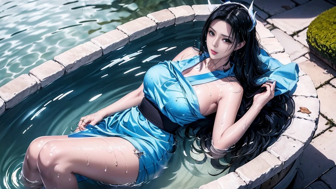 1girl, breasts, moon, lantern, night, solo, large breasts, hair ornament, wet, kimono, japanese clothes, wading, water, hair flower, flower, outdoors, sky, full moon, rain, black hair, off shoulder, mountain, cloud, holding, sash, bare shoulders, paper lantern, standing, white kimono, night sky, sideboob, obi, wet clothes, bangs, tree, from side, reflection, short hair, cloudy sky, wet hair (((masterpiece),(extremely detailed CG unity 8k wallpaper),best quality,,solo,1girl,cinematic lighting,detailed background,beautiful detailed eyes,bright pupils, (an extremely delicate and beautiful),(Beautiful and detailed eye description), ultra-detailed,masterpiece,)),