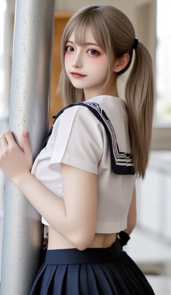 concept art, small chest, hips, look at viewer, turing back, showing butt, skirt up, shy blush face, sexual expression, 1school girl, wearing white school top, Japanese school dress, unconcerned, NSFW, quality, in the garden, loli, contrast, dark, little chubby