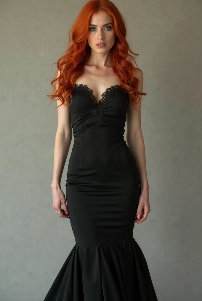 a tall young woman, pale skinned and red haired, her breasts are full her body is athletic she wears a black satin dress, well adjusted to the body, with thin straps and a sweetheart neckline that elegantly enhances your breasts, but provocative. The dress must have a straight cut, descending to just above the knees, with a discreet side slit to show off a little more of your beautiful legs with every step.