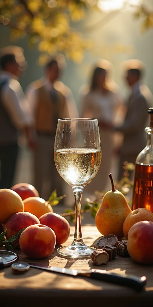A glass of justice fell with fruits bhind a waiter service party