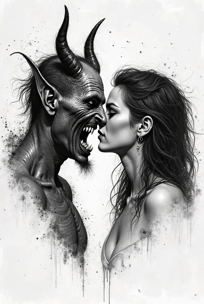 Half body drawing of a man with horns, (diablo) Talking to Eve, whispering some things in her ear in the Garden of Eden
