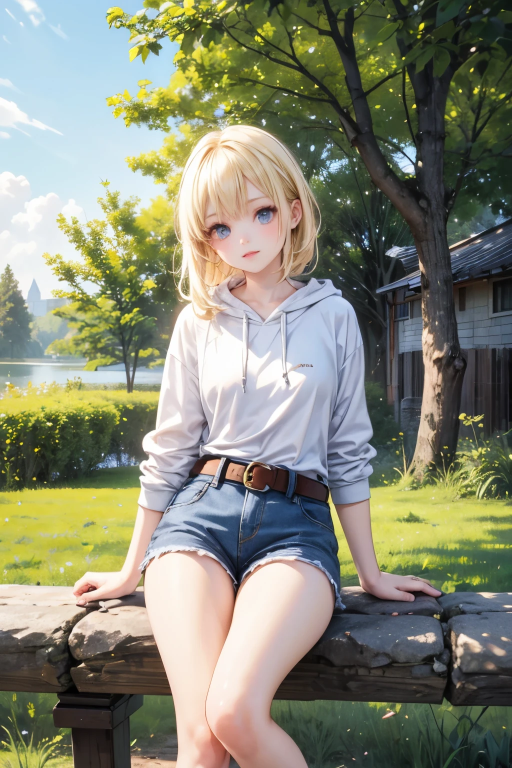 masterpiece,top quality,very detailed,photorealistic,realistic, ULTRA HIGH RESOLUTION, Masterpiece,pretty girl,elegant,,very long blonde,skinny,Completely,slender,(smaller breasts),so cute,hoodie,hotpants,belt,over knee socks,Giant Tree,Muimori, correct handshake,active pose,Outdoors