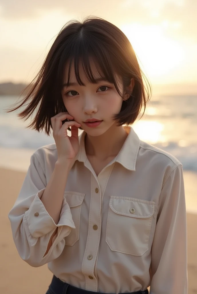 masterpiece, best quality, raw photo, photorealistic, seaside, full body, beautiful girl, cute, short hair, depth of field, high resolution, ultra detail, fine detail, highly detailed, highly detailed eyes and face, sharp pupils, realistic pupils, sharp focus, cinematic lighting