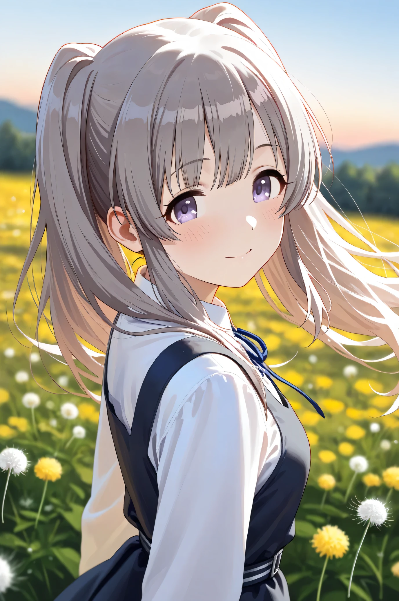 (Masterpiece), (Highest quality), (Very detailed),
(The best shape), (Best Shadow), (Absurd),
(Detailed background), (So beautiful), Shiny ,
Beautiful eyes in every detail, Extraordinary, Countershading, 8k, 32K, High resolution,
Very Detailed CG,
Score_9, Score_8_up, Score_7_up, Source_anime,
(Pastel painting:1.2), (Watercolor painting:1.2),
(Masterpiece, Detailed:1.2), (Foreshortening:1.2),
Cinematic, Dramatic, (Depth of field:1.4),
(Blurry background:1.4), (Realistic background:1.4),
(foreshortening:1.3),
Dynamic angle,
1 girl,
Outdoor, Nature, Flower Field, Wind, (Dawn:1.2),
Dandelion, Dandelion fluff,
Yukoku Kirino,
the idolmaster shiny colors,
yukoku kiriko, Twin tails,
school uniform,
white shirt, collar shirt, slateblue ribbon, Long sleeves shirt,
One-piece dress, slateblue one-piece dress, belt,
portrait, close up shot, squat, look back,
(Blush:1.3),
smile, happy,
Realistic skin,
Shiny skin,
Focus on face,