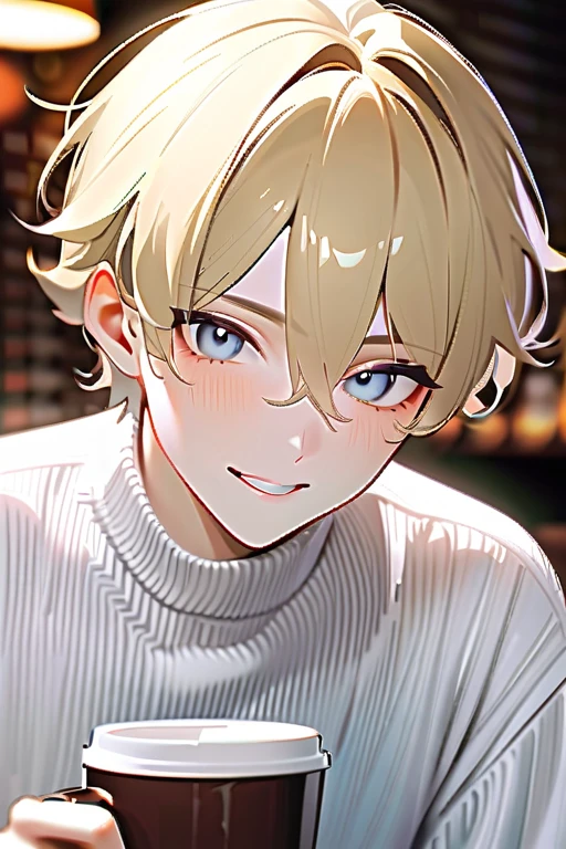 One boy blonde hair smiling purple eyes