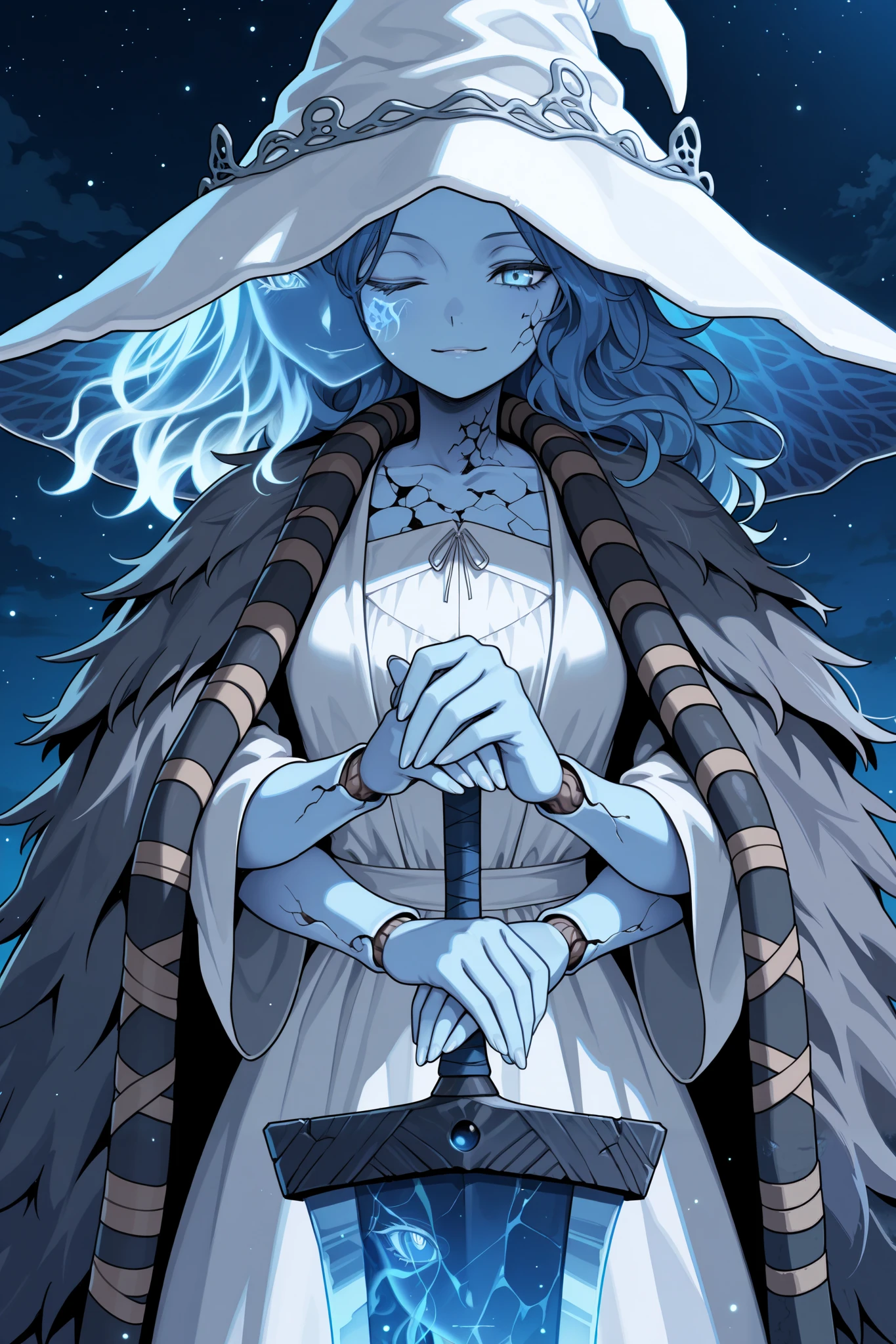 masterpiece,best quality, amazing quality, very aesthetic,anime screencap,1girl,RnnDef, blue eyes, one eye closed, blue hair, wavy hair, (4 arms:1.2), extra faces, ghost face, blue skin, colored skin, cracked skin, doll joints,witch hat, large hat, white headwear, white dress, fur cloak, brown cloak, close-up, seductive smile, high contrast, night, dynamic pose, smirk, greatsword, moonlight greatsword, holding sword,