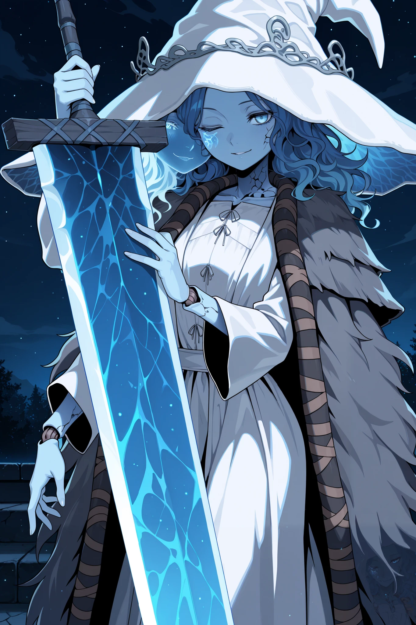 masterpiece,best quality, amazing quality, very aesthetic,anime screencap,1girl,RnnDef, blue eyes, one eye closed, blue hair, wavy hair, (4 arms:1.2), extra faces, ghost face, blue skin, colored skin, cracked skin, doll joints,witch hat, large hat, white headwear, white dress, fur cloak, brown cloak, close-up, seductive smile, high contrast, night, dynamic pose, smirk, greatsword, moonlight greatsword, holding sword,