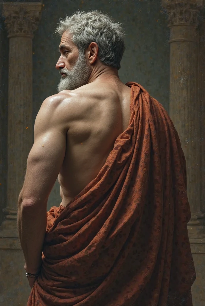 handsome man in his 40s with long gray hair and beard, he is naked, wearing some details of ancient Greek style clothing, gay man, photo shoot, god gredo
