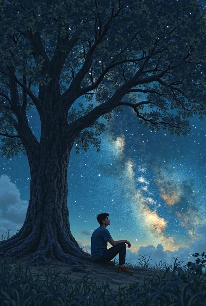 Shows a man sitting under a tree, Gaze on the stars in awe.