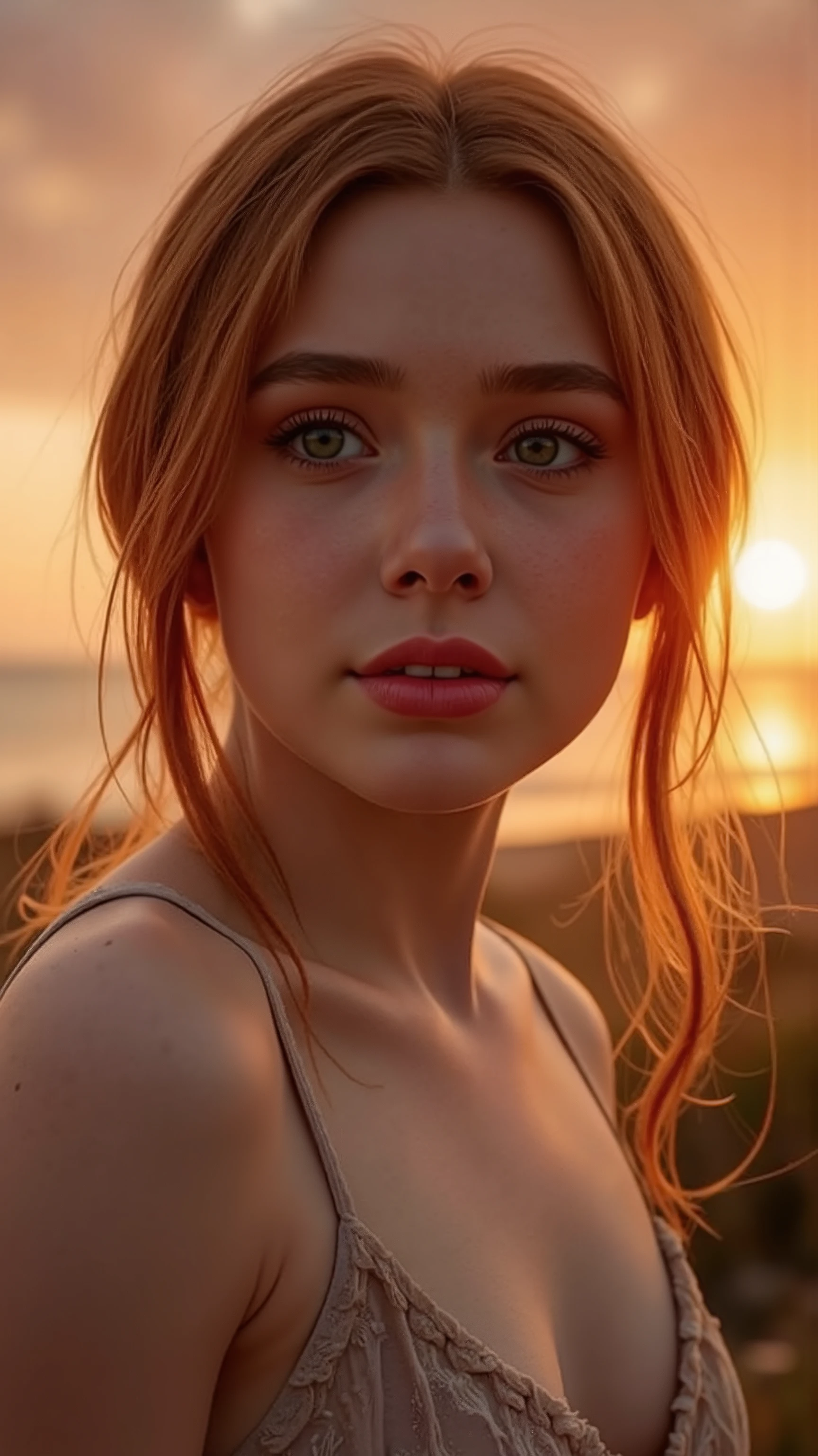 🌟 quality & silent: photo of the full head, Head til breast, masterpiece, 8k, ultra high resolution, hyperrealistic, very detailed, natural lighting, SLR lighting, SLR camera , Fujifilm XT3, film grain, Sharp concentration, perfect lighting. 🌌 Scene & background: different backgrounds: A romantic sunset on the beach, with warm,  golden hues . A dark, mysterious forest with moonlight, that falls through the trees. A luxurious Bedroom with candlelight and silky curtains. Ein urbaner background mit Neonlichtern und regennassen Straßen. 😈 model & Styling: a young  Jahre altes, wild girl with fiery red hair, different hairstyles such as flattop, quin tails, tri tails, pixie cut, expressive hair, single sidelock, hair pulled back, french braid, blunt bangs, ahoge, streaked hair, which in various Poses fall loose or styled are,  and bright blue eyes .  She is wearing a lightweight , torn dress made of natural materials, that underlines her free and independent nature. 🔥 Pose & Mood: Different sensual facial expressions:  she looks directly at the camera , with a seductive smile and half-closed eyes. She bites her lower lip, with a playful and tempting look. She tilts her head slightly to the side, with a dreamy and sensual expression. She looks over her shoulder, with a mysterious and intense look. Die Mood ist sinnlich, seductive and full of emotions. 💋 Brief summary 💋 "a young, wild girl with fiery red hair  and bright blue eyes  in verschiedenen Porträtaufnahmen bis zur Brust. It shows sensual facial expressions against different backgrounds, from a romantic sunset on the beach to a dark, mysterious forest. Die Scene ist hyperrealistic, hochdetailliert und in 8k-quality, with a sensual and seductive expression Atmosphere." 