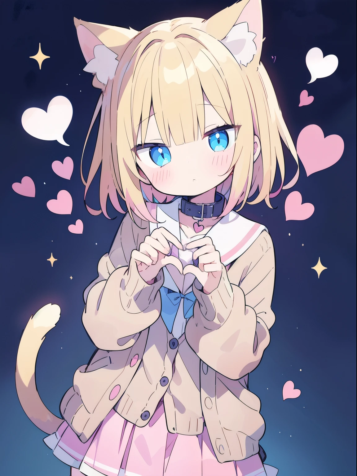 Blonde Cardigan、pink skirt、 Wear a collar、Elementary school girl 、Platinum blonde short cut,Very beautiful and shining eyes、shining eyes、1 person、Cat ears、((((()))))、heart❤、