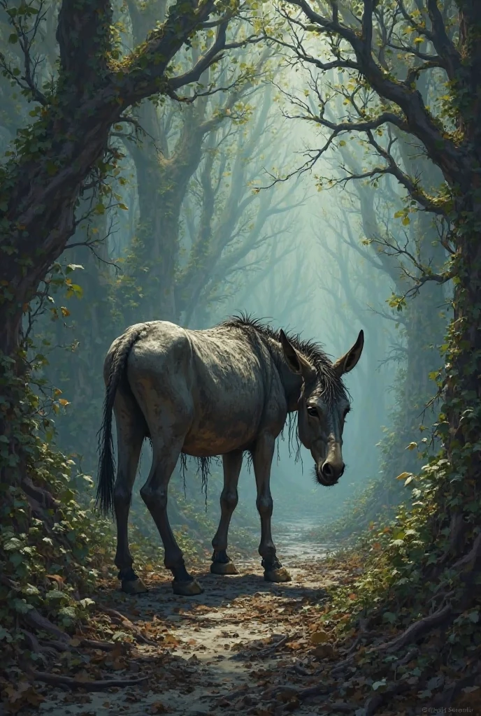 An old donkey with no strength in the lonely forest 