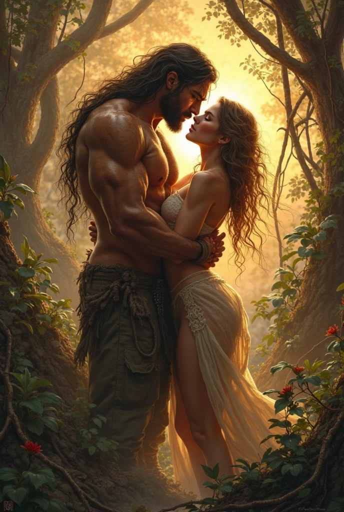 full body, full leg, naked, a man kitnap and hug a woman, painted of rugged zeus and queen hera, god of thunder, female greek god, white hair, masculine, mature, handsome, muscular, hairy torso, fantasy, intricate, elegant, highly detailed, digital painting, artstation, concept art, smooth, sharp focus, illustration, art by gaston bussiere and alphonse mucha, almost naked