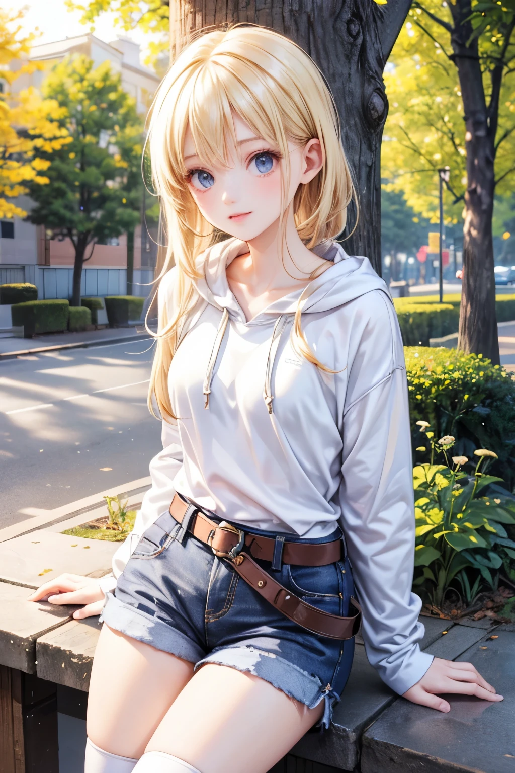 masterpiece,top quality,very detailed,photorealistic,realistic, ULTRA HIGH RESOLUTION, Masterpiece,pretty girl,elegant,,very long blonde,skinny,Completely,slender,(smaller breasts),so cute,hoodie,hotpants,belt,over knee socks,Giant Tree,Muimori, correct handshake,active pose,Outdoors