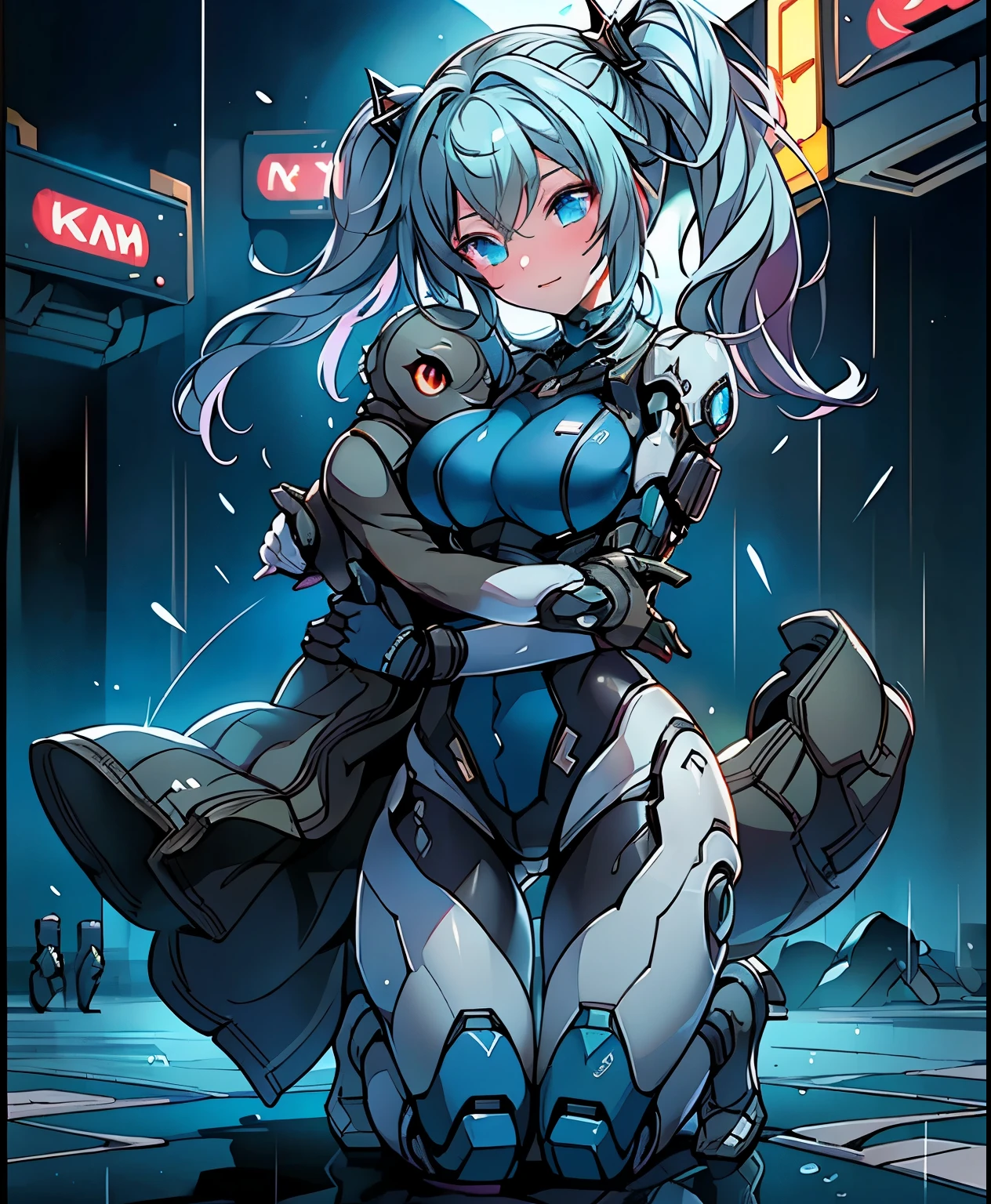 ( masterpiece、 top quality、 top quality、OFFICIAL ART、 beautiful and beautiful :1.2)、(one girl:1.3) ,、twin tails, beautiful breasts,Epic battles in futuristic cities illuminated by neon lights, Skilled warriors with futuristic weapons: Smart firearms with blue lighting circuits . The scene is full of dynamic action, Two women giving a loving hug using sparks , Three-dimensional billboard in the background. very detailed, super realistic style, Dramatically illuminated, Reflections of rain on the ground, Exquisite cyborg mods of characters. 4K resolution , cinematic composition, bright colors, cyberpunk aesthetics .