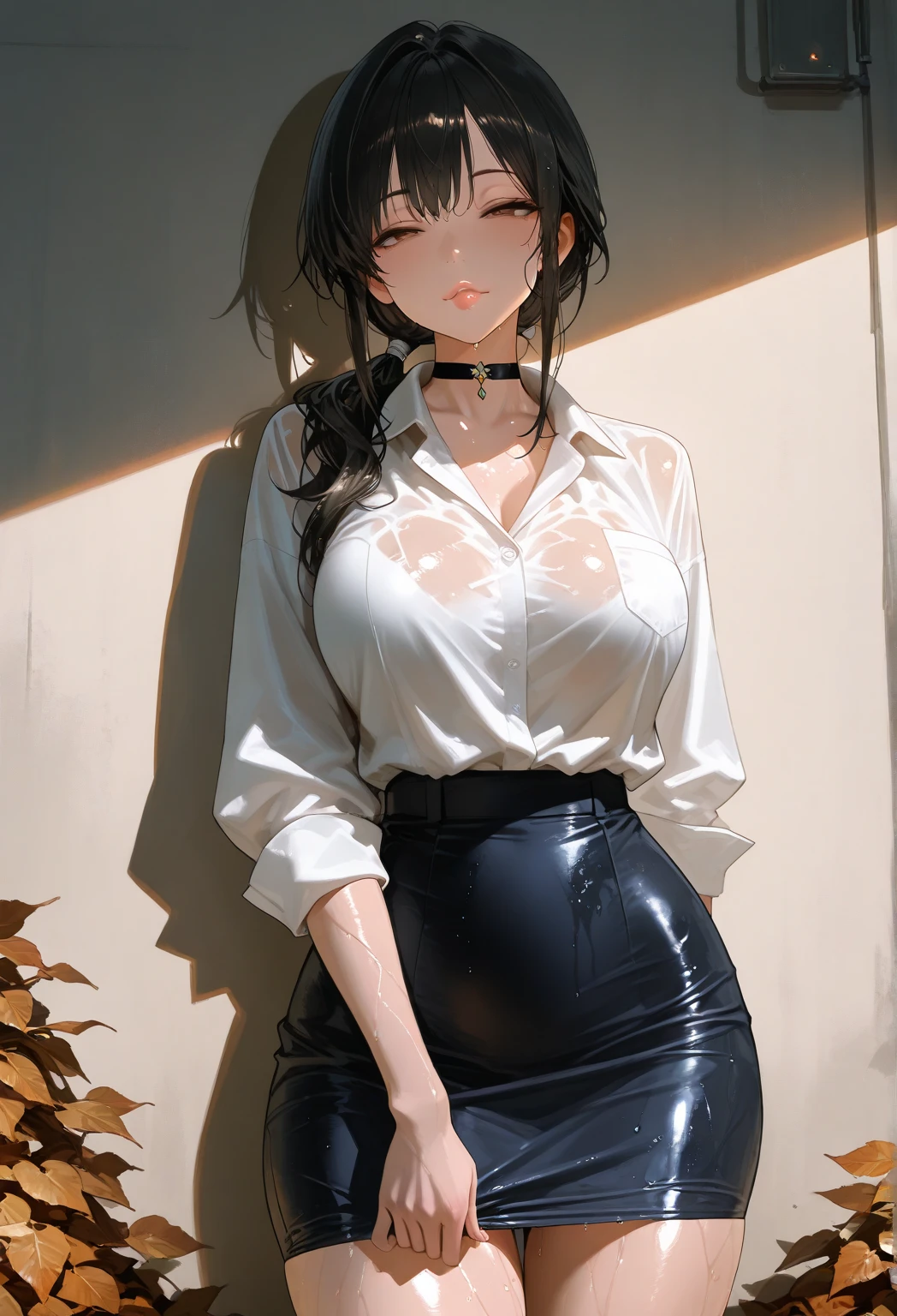 Bedrooms, 1 Female Soloner, /( Wet white shirt/) /(Black medium hair/) Hair UP, blush gentle smile, (masterpiece best quality:1.3) Delicate illustrations ultra-detailed high resolution, Large breasts