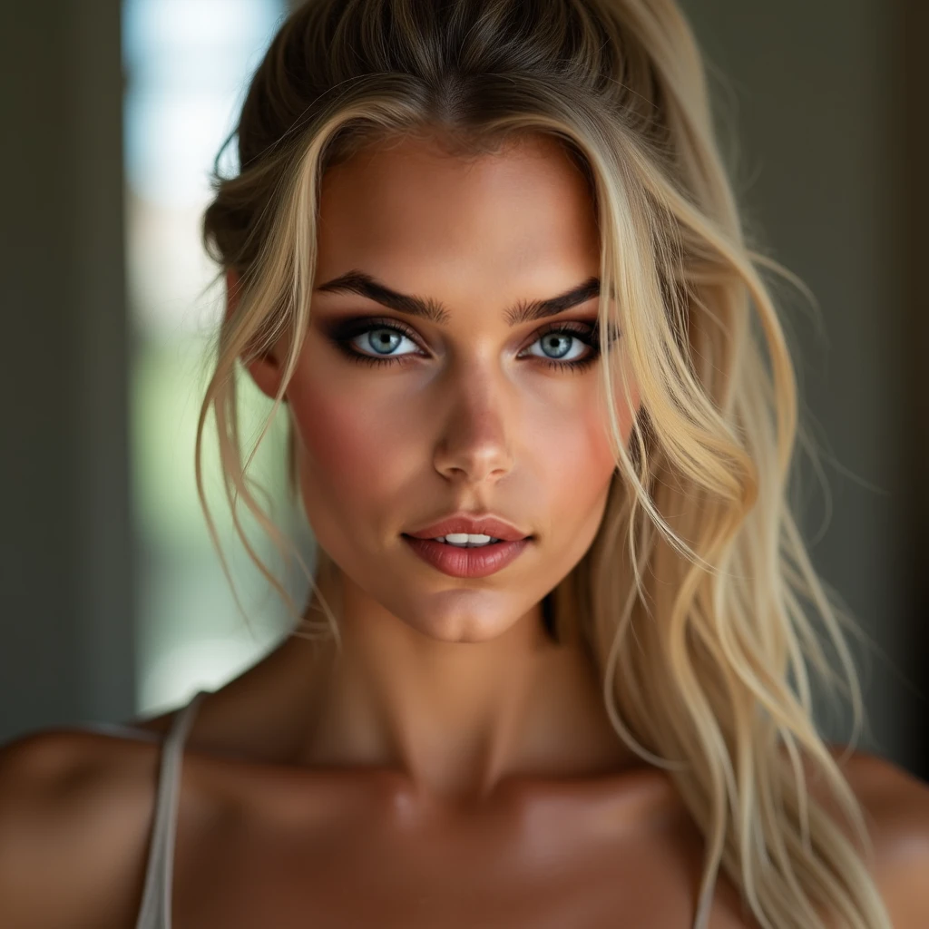 femme avec débardeur et culotte assortis, fille sexy aux yeux bleus, Portrait Sophie Mudd, Portrait de Corinna Kopf, cheveux blonds et grands yeux, selfie d&#39;une jeune femme, ohne Maquillage, maquillage naturel, Regardez directement dans la caméra, Visage avec Artgram, maquillage subtil, Superbe photo du corps entier, dans la chambre, gros seins, blond, Latin, comme la bière Madison, pose allongé dans un lit, en sous vetemement sexy