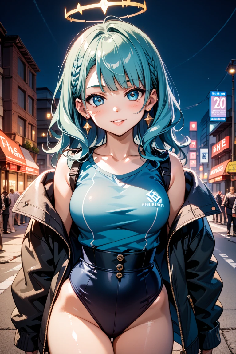 HD, 8K, Illustration, official artwork, anime style, wallpaper, official art, pastel colors,, 1girl, Curly hair, small boobs, flat chest, Plump body, golden eyes, Blue hair, Kneeling pose, in a city