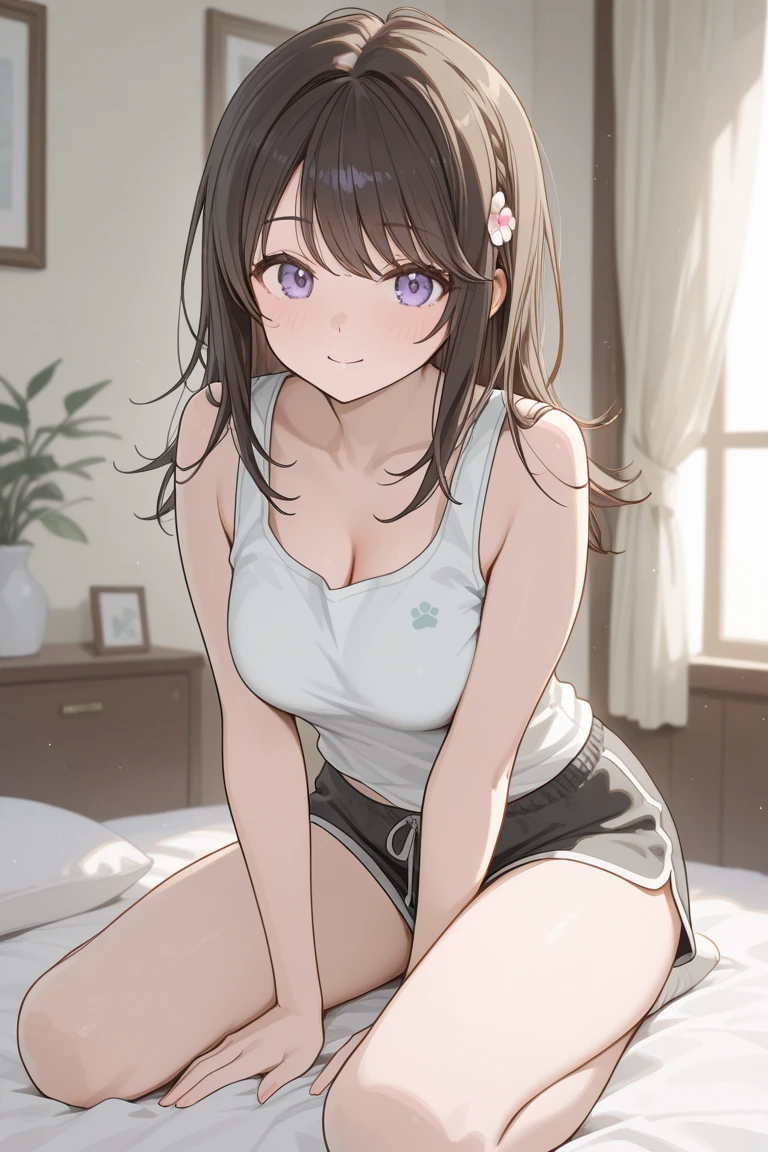 Cute sexy girl, The brunette is tied into two medium ponytails, Suggestive sexy eyes, dark brown colored eyes, small-nose, red open suggestive lips, Blushing terribly, coll, 鎖骨, Oversized purple T-shirt, Bare shoulders, medium chest circumference, Chopping, Wide hips, pink short, Thigh thick, pretty legs, duty posture, Lie down in bed, facing to audience, look, Lewd expression, sexy for, dark chamber, A warm light