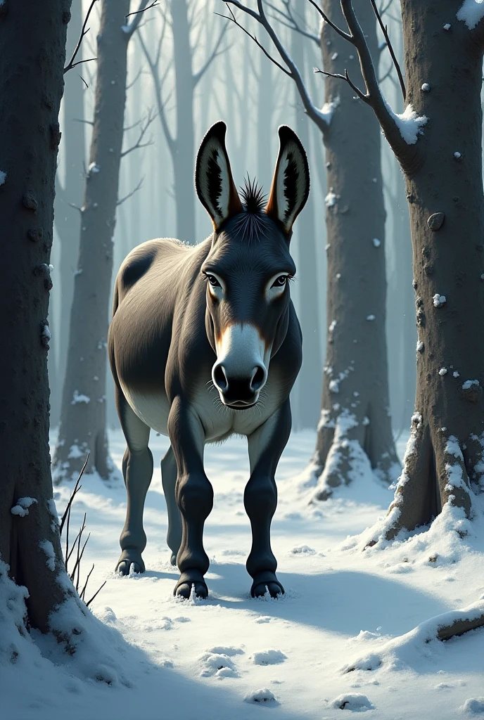 An old donkey shivering in the cold in the woods