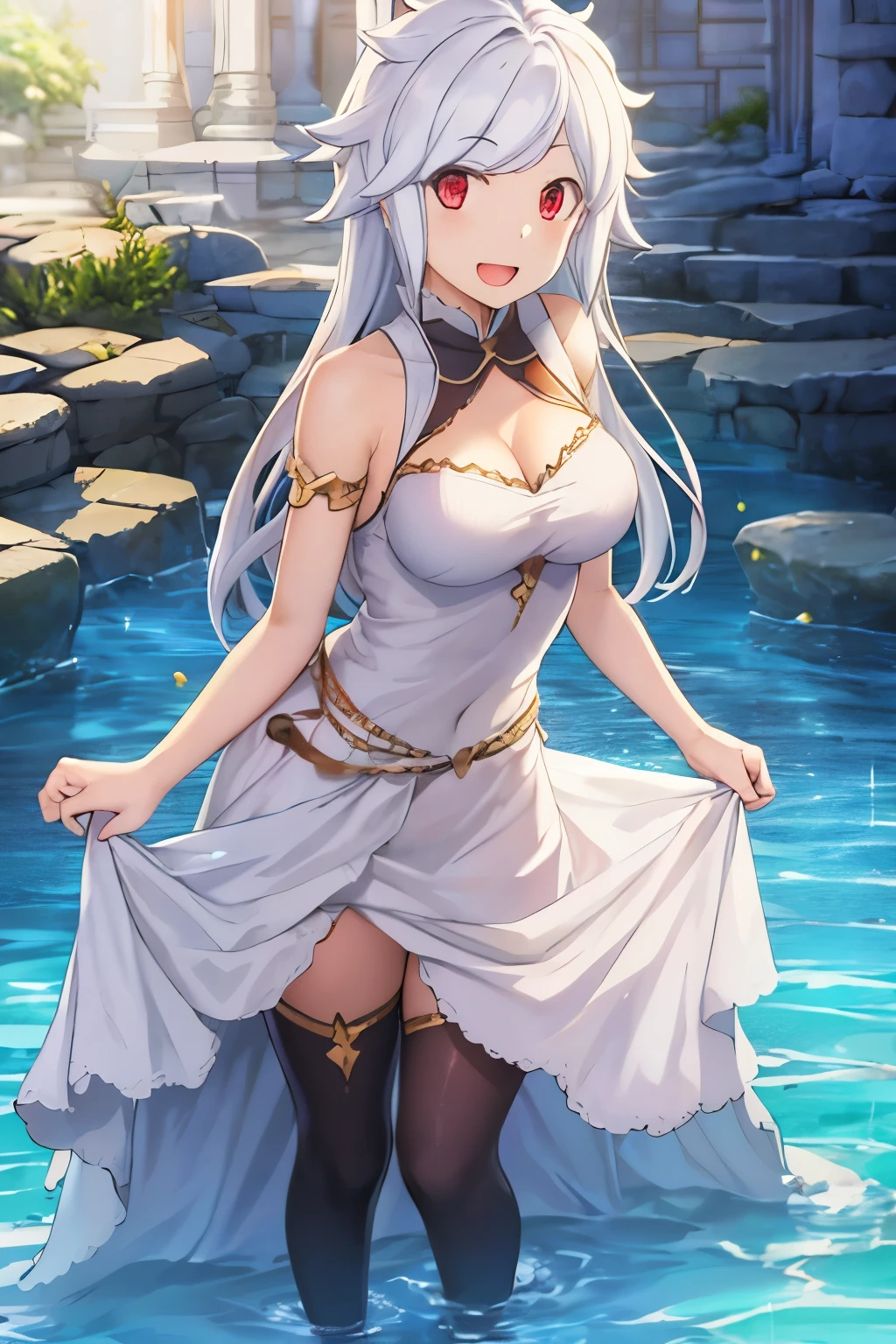 2D, HD, Detailed details, Detailed landscapes, beautiful lights, Beautiful Shadows, top-quality, Highly detailed, masterpiece, best quality, highres, solo, 1girl, ishtar1, long hair, white hair, small breasts, closed mouth, smile, looking at viewer, highly detailed hands, highly detailed eyes, cleavage, Perfect hands, highly detailed face, full body, anime styled, , wet clothes