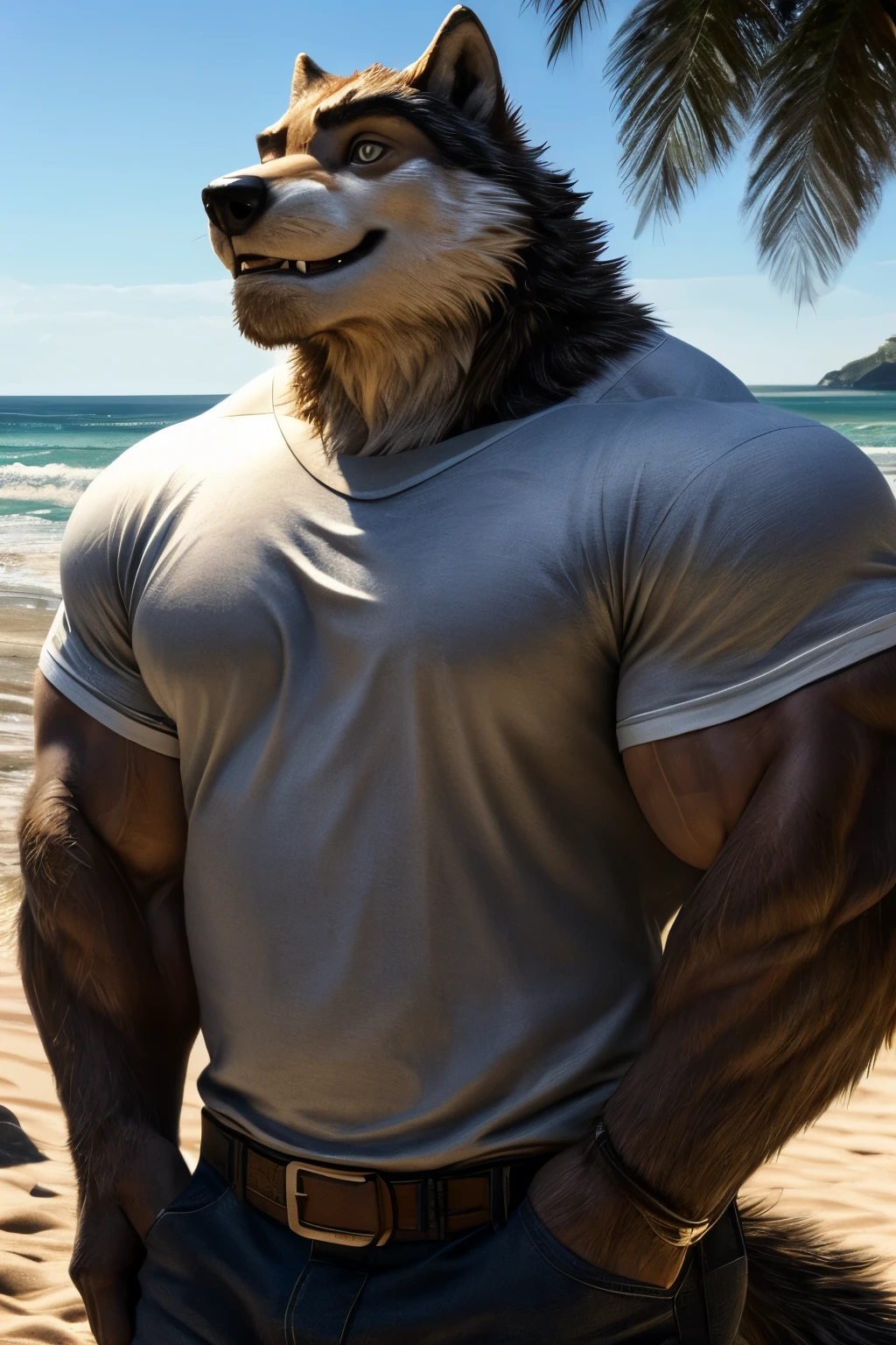 German shepherd, solo
anthro, muscular male, open plaid shirt, smiling, sexy face, ((sexy abs)), sexy physique,, standing on balcony,
half-length portrait, Ocean background, detailed realistic photorealism
