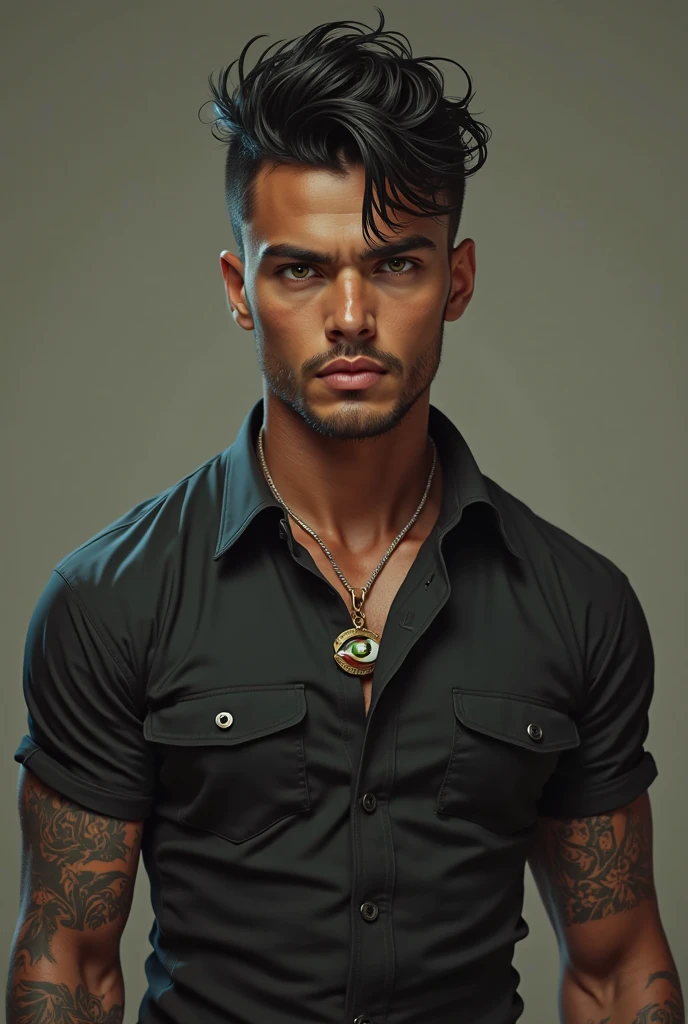 Latin American man, green eyes, evil eye, dominant, black hair - short on the sides and slightly longer at the top, tattooed , muscular, burnt brown. black shirt.