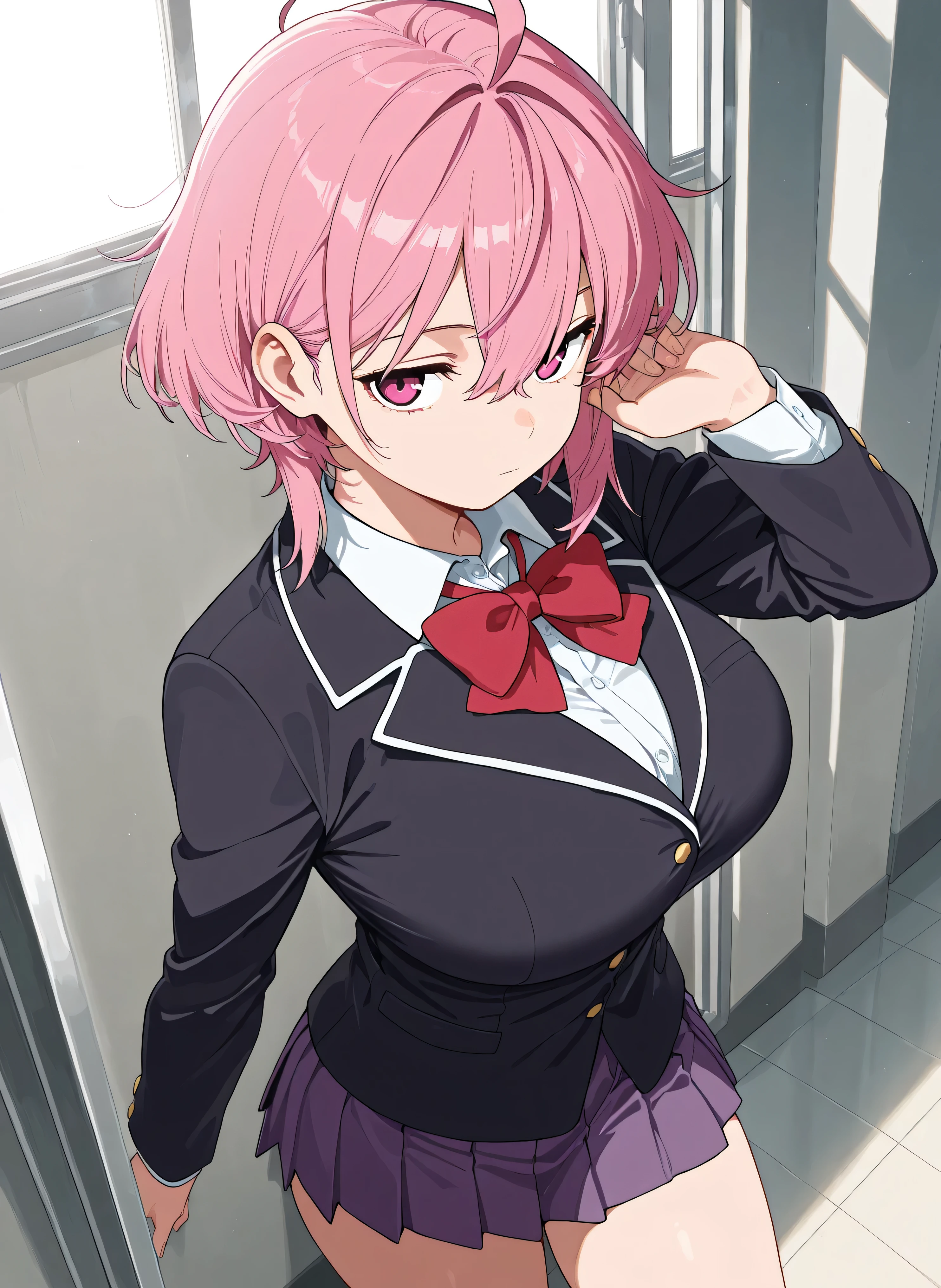 score_9, score_8_up, score_7_up, source_anime,masterpiece,best quality,amazing quality, aira shiratori, ahoge, short hair, bangs, hair between eyes, pink hair, pink eyes, big breasts, shirt, long sleeves, bow, school uniform, jacket, white shirt, collared shirt, bowtie, red bow, black jacket, red bowtie, skirt, pleated skirt, purple skirt, miniskirt, thighs, emotionless face, tuck hair behind ear