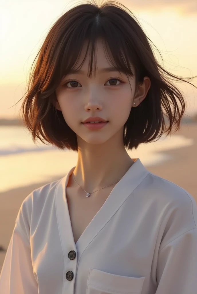 masterpiece, best quality, raw photo, photorealistic, seaside, full body, beautiful girl, cute, short hair, depth of field, high resolution, ultra detail, fine detail, highly detailed, highly detailed eyes and face, sharp pupils, realistic pupils, sharp focus, cinematic lighting