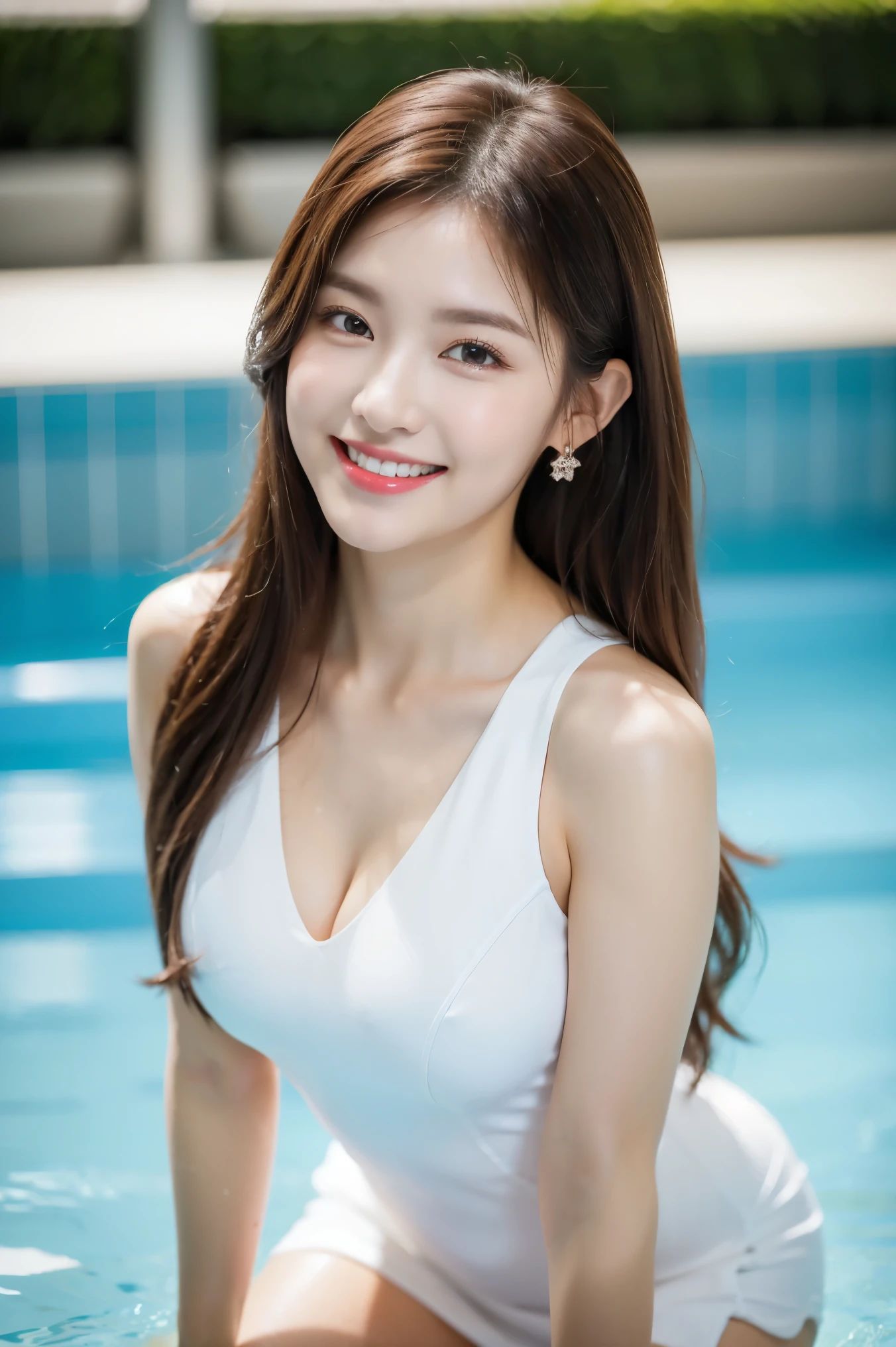 realistic, photo-realistic:1.3, masterpiece, best quality:1.4, ultra high res:1.2,RAW photo:1.2, sharp focus:1.3, face focus:1.2,solo beautiful girl, slim, slender waist, healthy body,standing,cowboy shot,medium breasts, happy smile:1.1,medium hair:1.3, beautiful detailed eyes:1.2, looking at viewer, cute, makeup, professional lighting, finely detail, vibrant details, pool,white T-shirt,denim pants