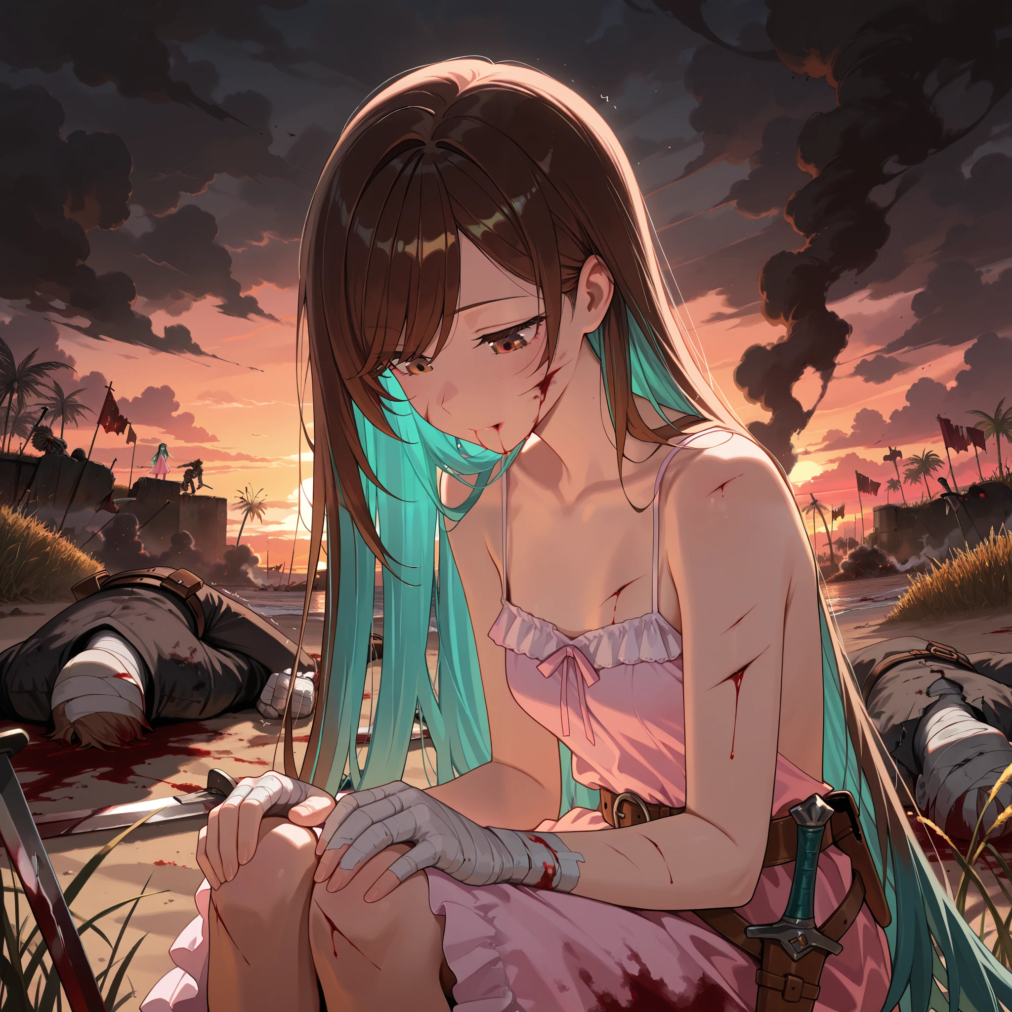 (masterpiece:1.2, Best Quality), (finely detailed beautiful eye: 1.2), (beautiful detailed face), close up , looking down, gasping, bloody wounds, bleeding from mouth, hands on knees, shaking, upper body , multicolored hair , brown hair , brown eyes,, cuts, bruises, bloody wounds, teal hair , very long hair , swept bangs , blood on face , thin , small breasts , bare shoulders , pink sundress , backless sundress, bandaged hands , cuts , bruises , spaghetti strap sundress , sundress with white frill trim , brown belt , dagger sheathe attached to belt, battlefield, sunset, beach, dark clouds, tall weeds, palm trees, blood splatters, tattered flags, swords, smoke, s, surrounded by dead bodies,