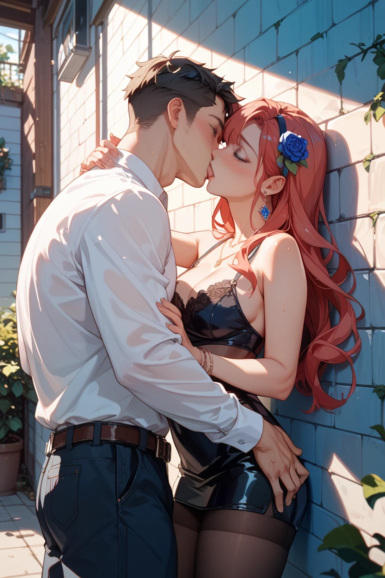 (Wet clothes:1.4), realistic, man and women making out in bathtub, redhead woman, she wears dark jeans, she wears see through button down blouse, she wears boots, brunette man, wet clothes hdr, gleaming soaking wet jeans, wet shirts, insane details, intricate details, hyperdetailed, full body, standing, he grabs her ass, water pouring over them, wet hair