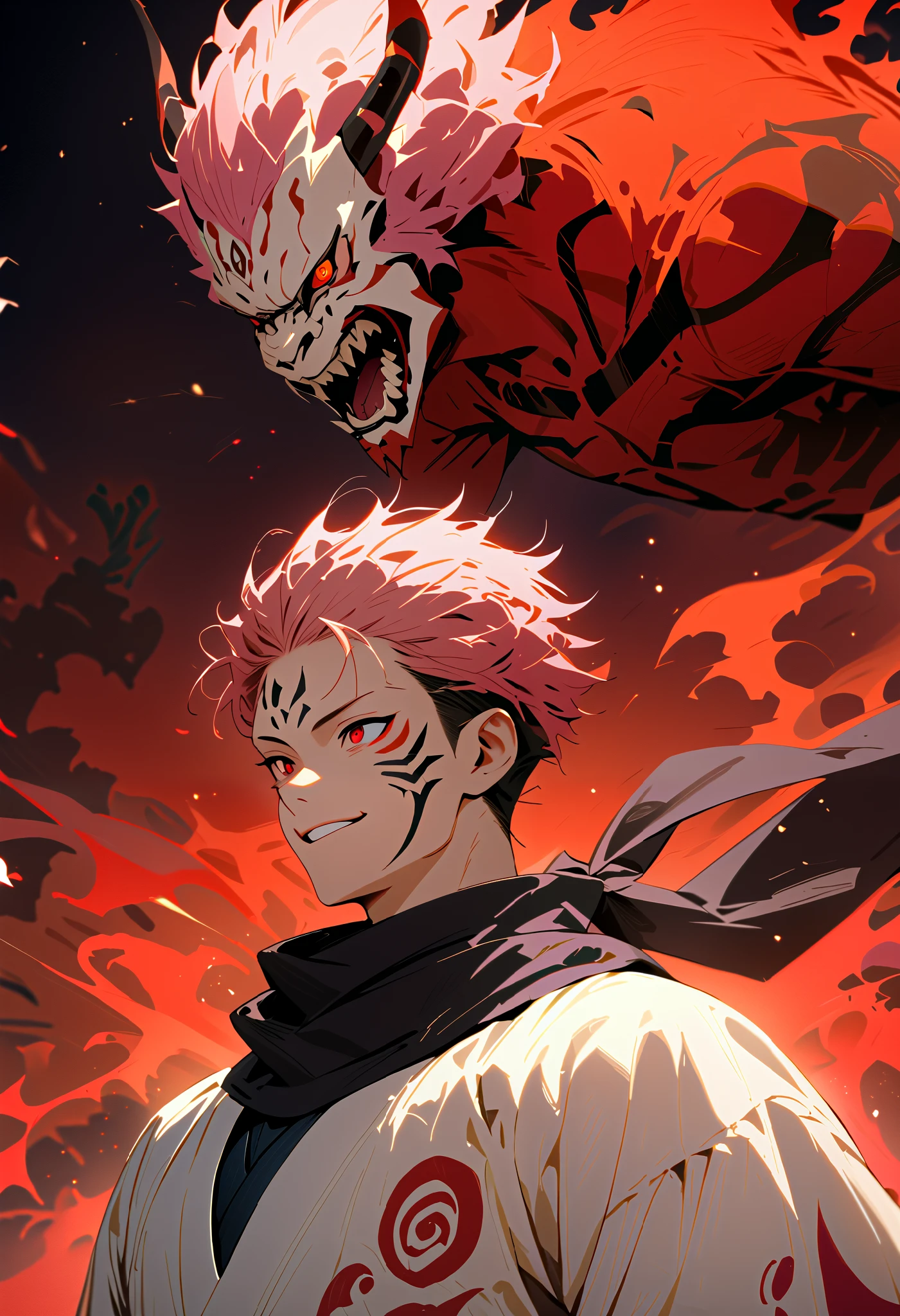 (masterpiece:1.3),(Highest quality:1.4),(Very detailedな:1.5),High resolution,Very detailed,8K,(1 male,sukuna ryoumen,JUJUTSU KAİSEN,Pink Hair)Double-sided Sukuna,(The costume is a white kimono、Black scarf)Laugh fearlessly、Red eyes、(The background is inspired by hell)