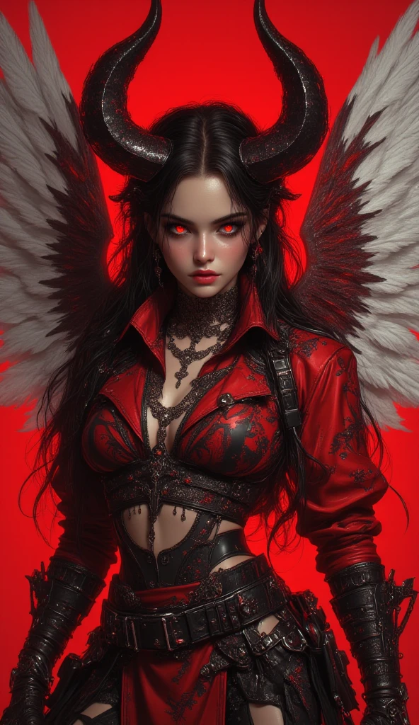 woman, black wings, horns, red armour,