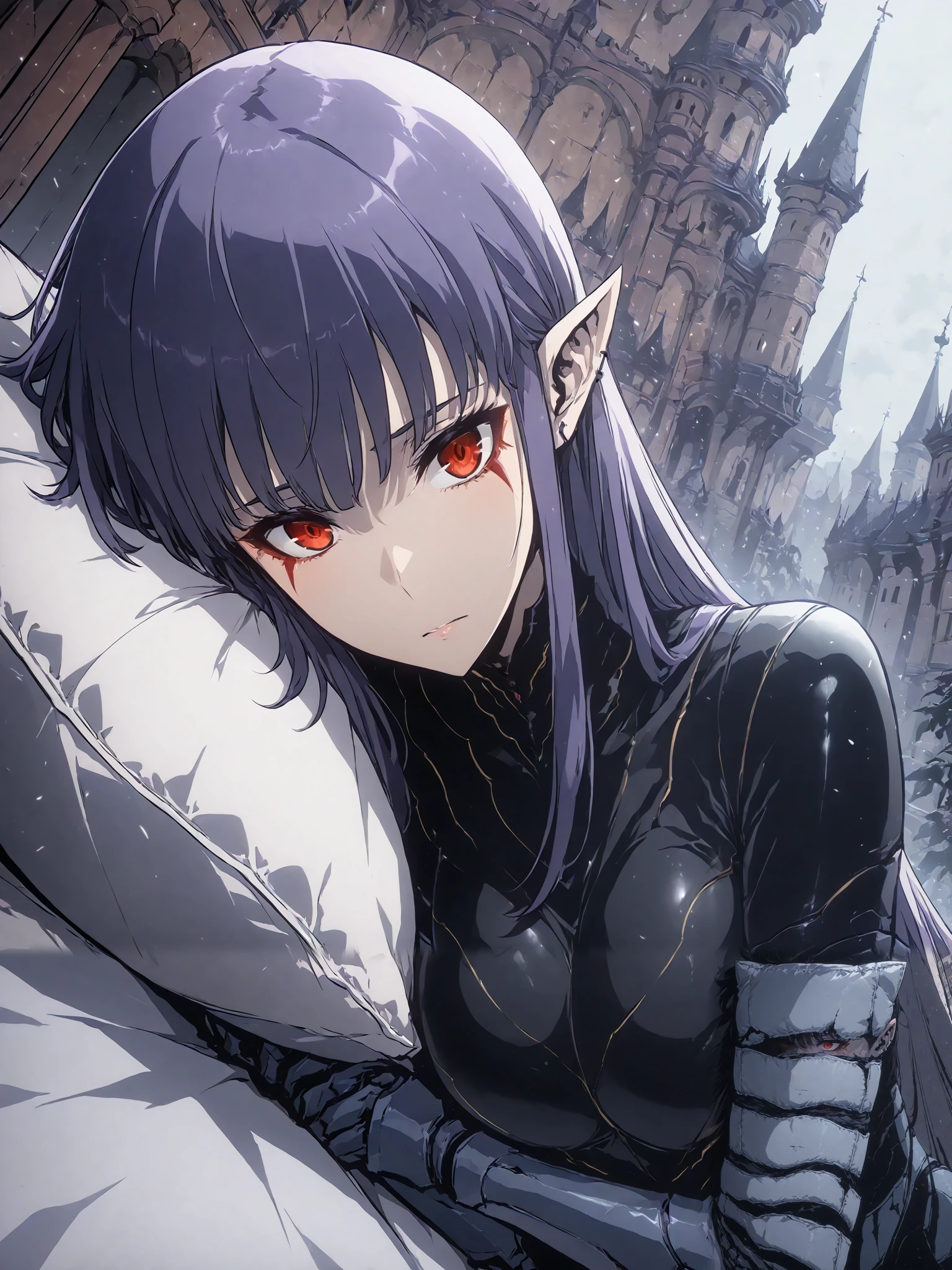 1girl, solo, esil radiru, beautiful, extremely expressionless, plain black shirt, slender body, medium breasts, crimson eyes, highly detailed eyes, expressive eyes, natural eye shape, iris with visible details, anatomically correct, super detailed, high details, intricate details, accurate, dynamic angle, dynamic poses, highres, absurdres, (masterpiece:1.5), (best quality:1.2), amazing quality, 4k, demon castle, plaza, bedroom, posh background, rich background, elegant background, medieval background, ornate background, lying down in bed, lying down on the side, sideways, looking away, curled up, hugging a pillow, cuddling a pillow, arms wrapped around a pillow