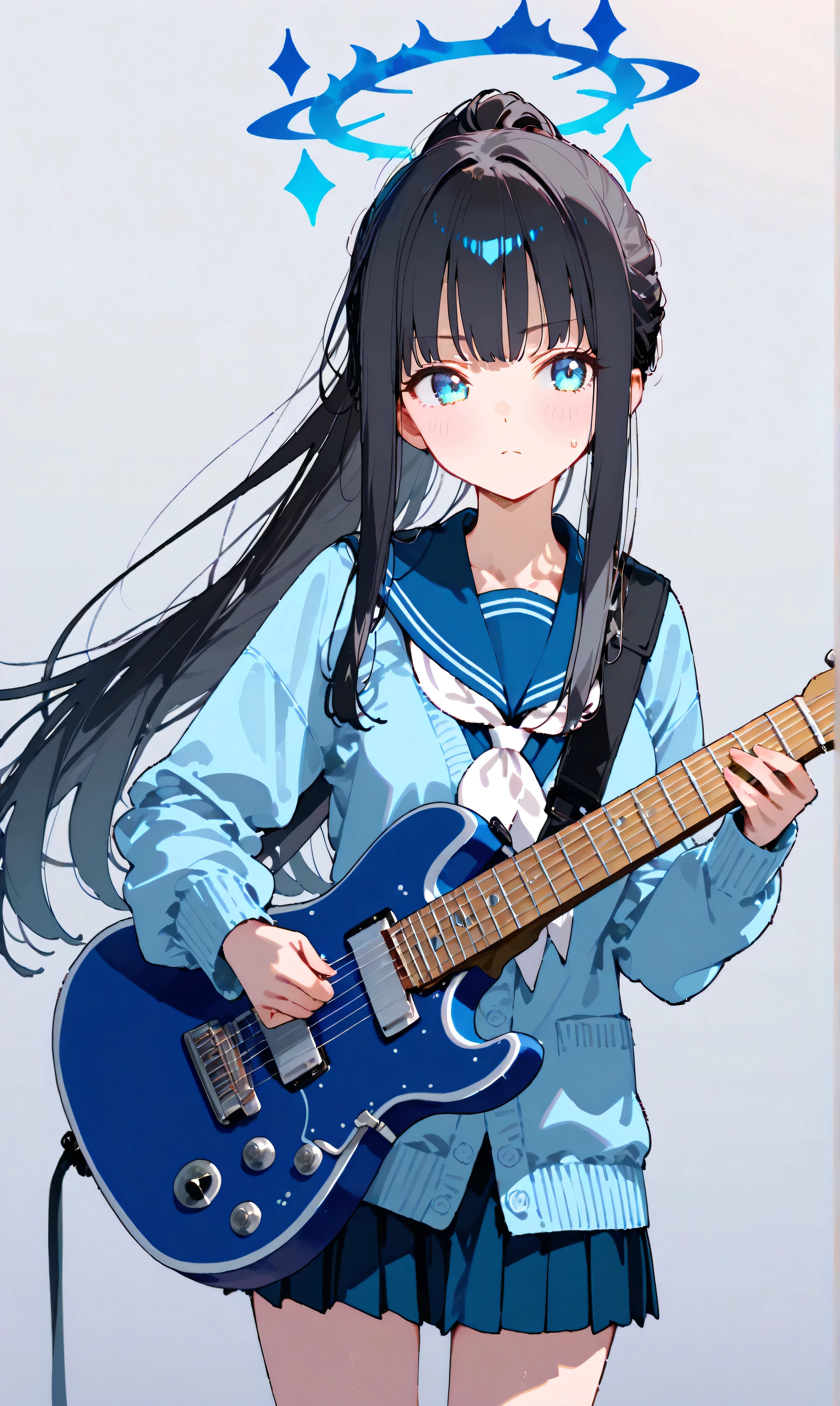 A cowboy shot captures a watercolor (0.4) and pastel (0.6) portrait: a girl alone with long black hair in a ponytail, her blue eyes fixed on the audience, stands on a live concert stage. She’s clad in a school uniform with a blue sailor collar, white neckerchief, and long-sleeve cardigan, her clavicle peeking out, heart-like aura in her stance. Holding a guitar, she’s bathed in penlights, her bangs and sidelocks framing her serene, closed-mouth face against a simple gray background that makes her pop.

