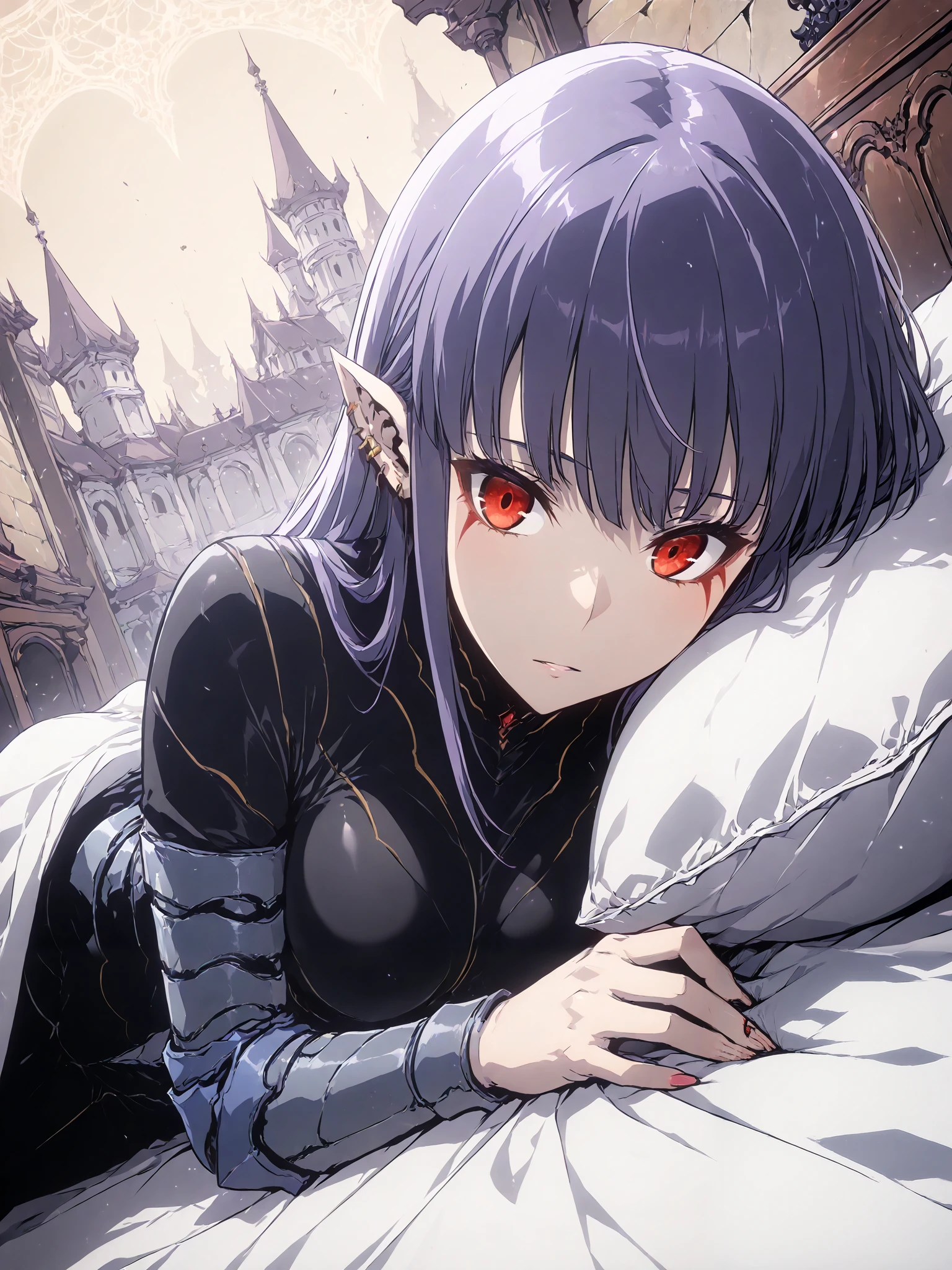 1girl, solo, esil radiru, beautiful, extremely expressionless, plain black shirt, slender body, medium breasts, crimson eyes, highly detailed eyes, expressive eyes, natural eye shape, iris with visible details, anatomically correct, super detailed, high details, intricate details, accurate, dynamic angle, dynamic poses, highres, absurdres, (masterpiece:1.5), (best quality:1.2), amazing quality, 4k, demon castle, plaza, bedroom, posh background, rich background, elegant background, medieval background, ornate background, lying down in bed, looking away, curled up, hugging a pillow