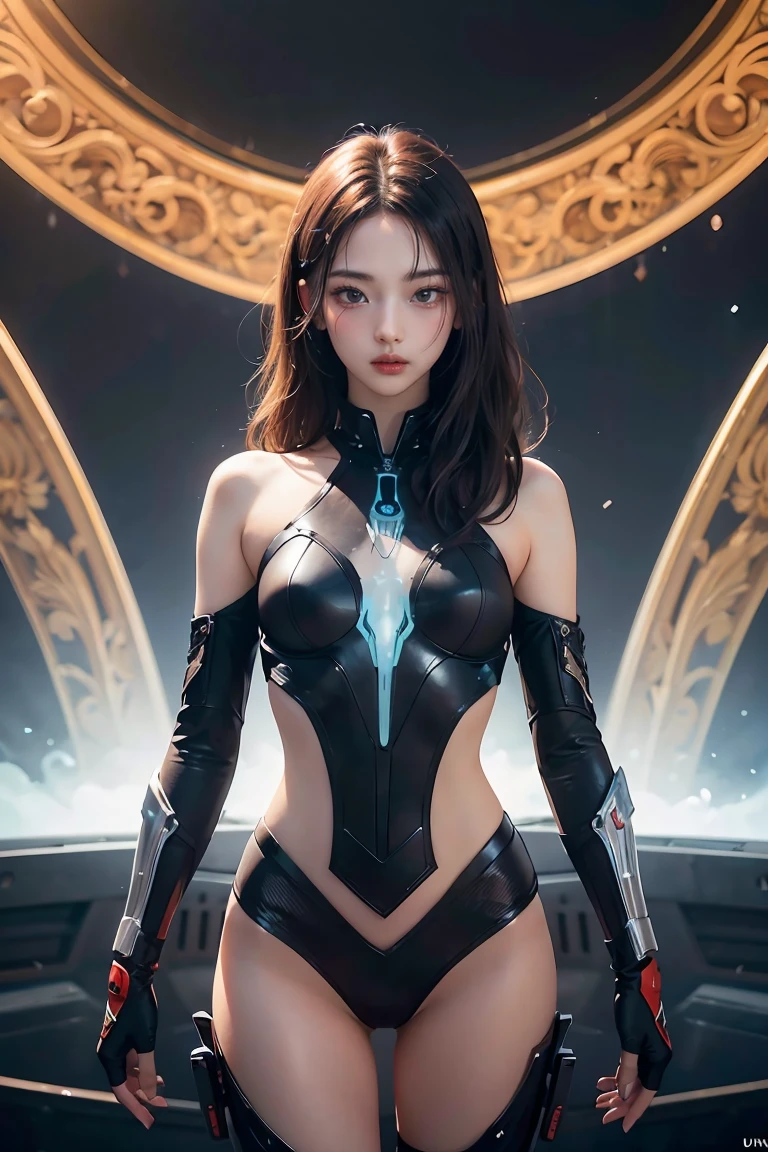 8K  UHD, materpiece, A beautiful girl, A detailed eye, Good face, Fine eyebrows, Beautiful outfit, blue attire, Cyberpunk, Cyberspace, Shining, Diaco Lighting, Sitting, Full body capture,