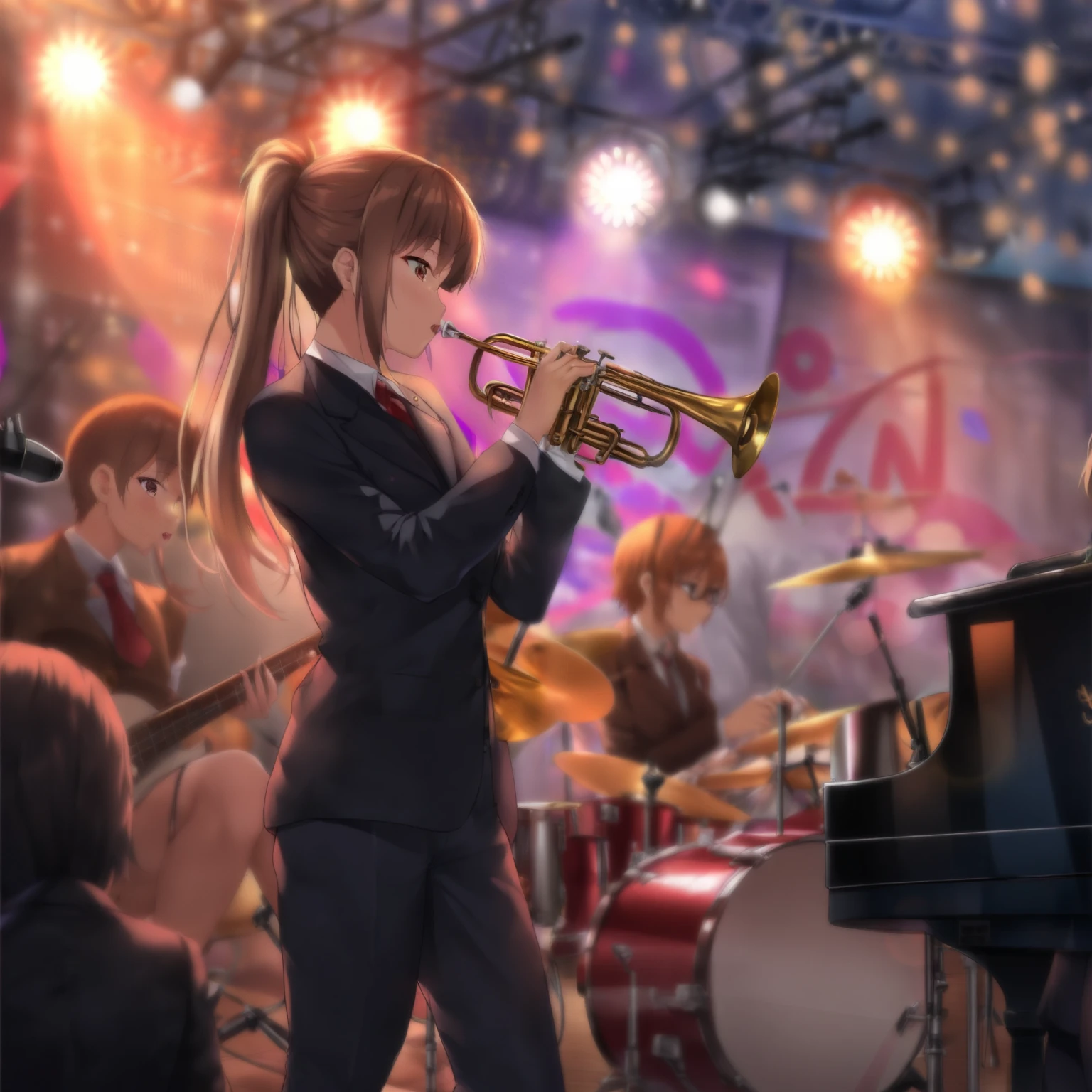 (best quality,8k,highres, masterpiece:1.2), (anime style),ultra-detailed, HDR, UHD, studio lighting, ultra-fine painting, sharp focus, physically-based rendering, extreme detail description, professional, vivid colors, bokeh, portraits, concept artists, warm color palette, dramatic lighting,A girls-only jazz band, with drums, bass, piano, on stage, at a cultural festival, a girl in a suit playing the trumpet.distant view,