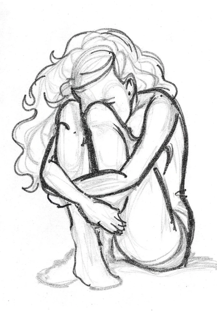 A beautiful girl sitting on a stool, art study of a body, distorted pose,figure portrait, thinker pose, Photographic effects,