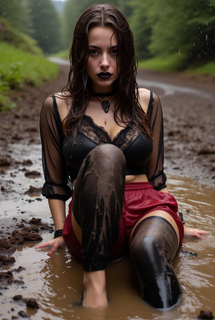 Hyperrealistic photography of two women, in mudflats, thong, French kiss, 30-year-old women smeared with mud, Lena Meyer Landrut, dance pose, light blue underbust corset, ruffles, black tulle skirt smeared with mud, light blue high heels sandals smeared with mud, black fishnet tights, the entire body, red curly hair and clothes are smeared with mud, high quality, realistic lighting, image center, Hourglass proportions, 8k, HDR, BDSM, medium chest size, long legs, tinted, professional photography of a woman, natural skin texture smeared with a lot of mud, 4K textures, Adobe Lightroom, Photolab, HDR, intricate, elegant, very detailed, sharp focus, insane details, intricate details, hyper-detailed, bright cinema light, outdoor atmosphere, chin pulled up, (exposed belly: 1.8 ), (remote shot), dominant facial expression