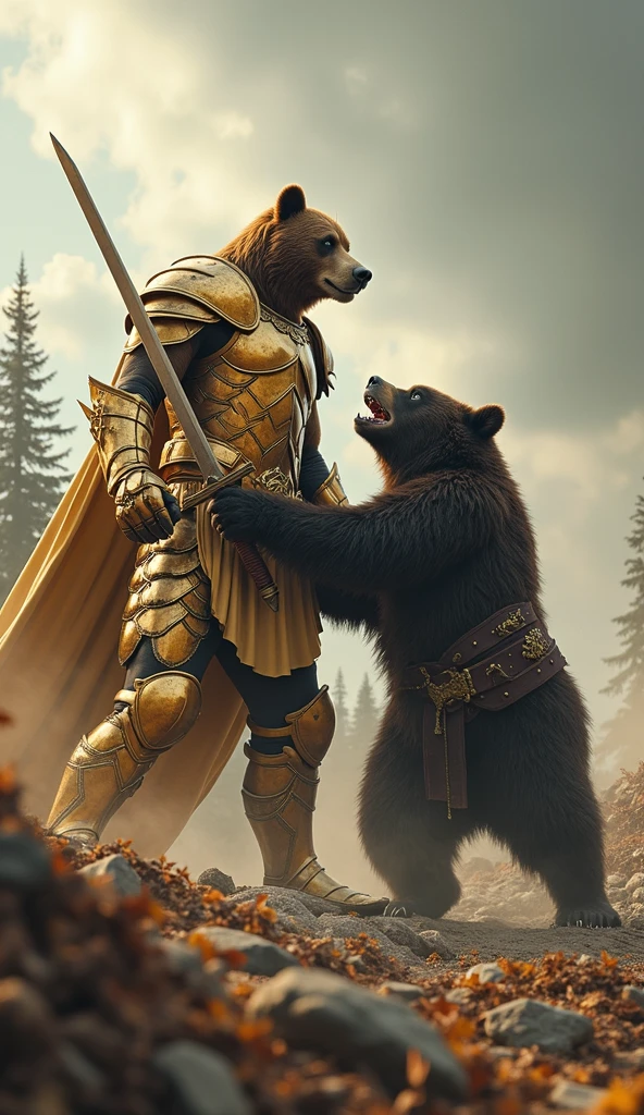 I need a picture of bear and bull is there together wearing armor and Hallmark color gray and purple and then their friendly with each other and that taking picture with a smile in the face and both of the muscular and in the armor the booms written
