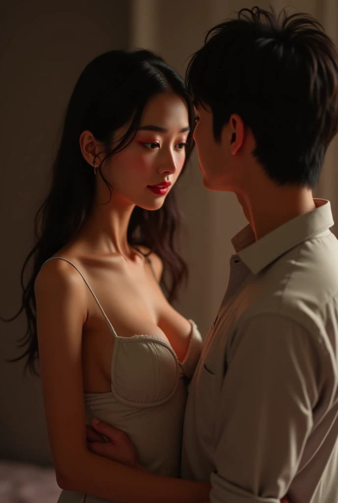 ((Best quality, 8k, Masterpiece :1.3)), gigantic saggy breasted, white silk shirt, sensational kissing a guy
