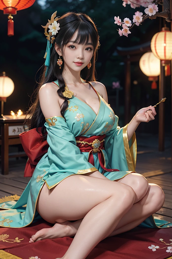 ((wide shot)), (full body), (bend over), photo of young lady, (bare shoulders), [(blue ru_qun:1.4):(hanfu:1.4):0.2],perfect natural breasts(big breasts under wearing),(kpop idol:0.2),pearl skin,real human skin, black choker, red hair ornament,white detailed clothes, (blue obi:1.4), (extremly berutiful detailed face), happy mood, detailed eyes, thick eyebrows, red eyeshadow,shiny eyes, looking at viewer,smile,(smooth chin:0.85), long hair, blunt bangs, braid, golden hair ornament,