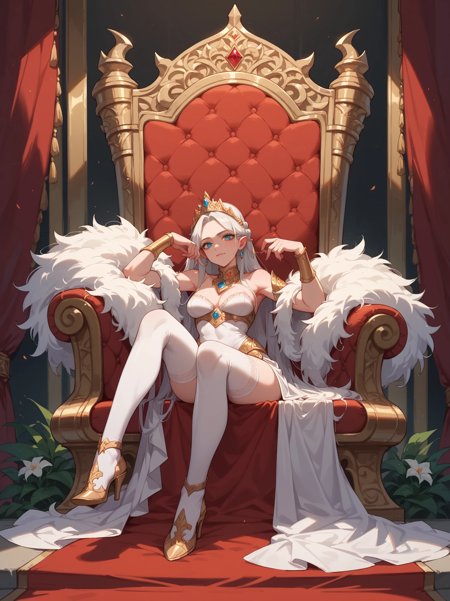 ((1 woman with penis, erect penis)),((with a cape on the back, with crown))),((medium breasts, bare breasts, erect breasts, grasping breasts)),((short white hair)), ((red eyes, calm face)),((sitting on a golden throne, sitting on his back, opening wide open in the shape of an m with an erect penis in the middle of his legs)),((in an evil haunted castle, at night )),((1 arm behind the back)),